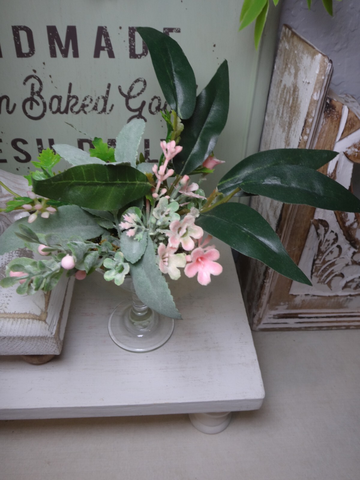 SMALL Floral arrangement centerpiece, tiered tray decor, in mini cocktail glass