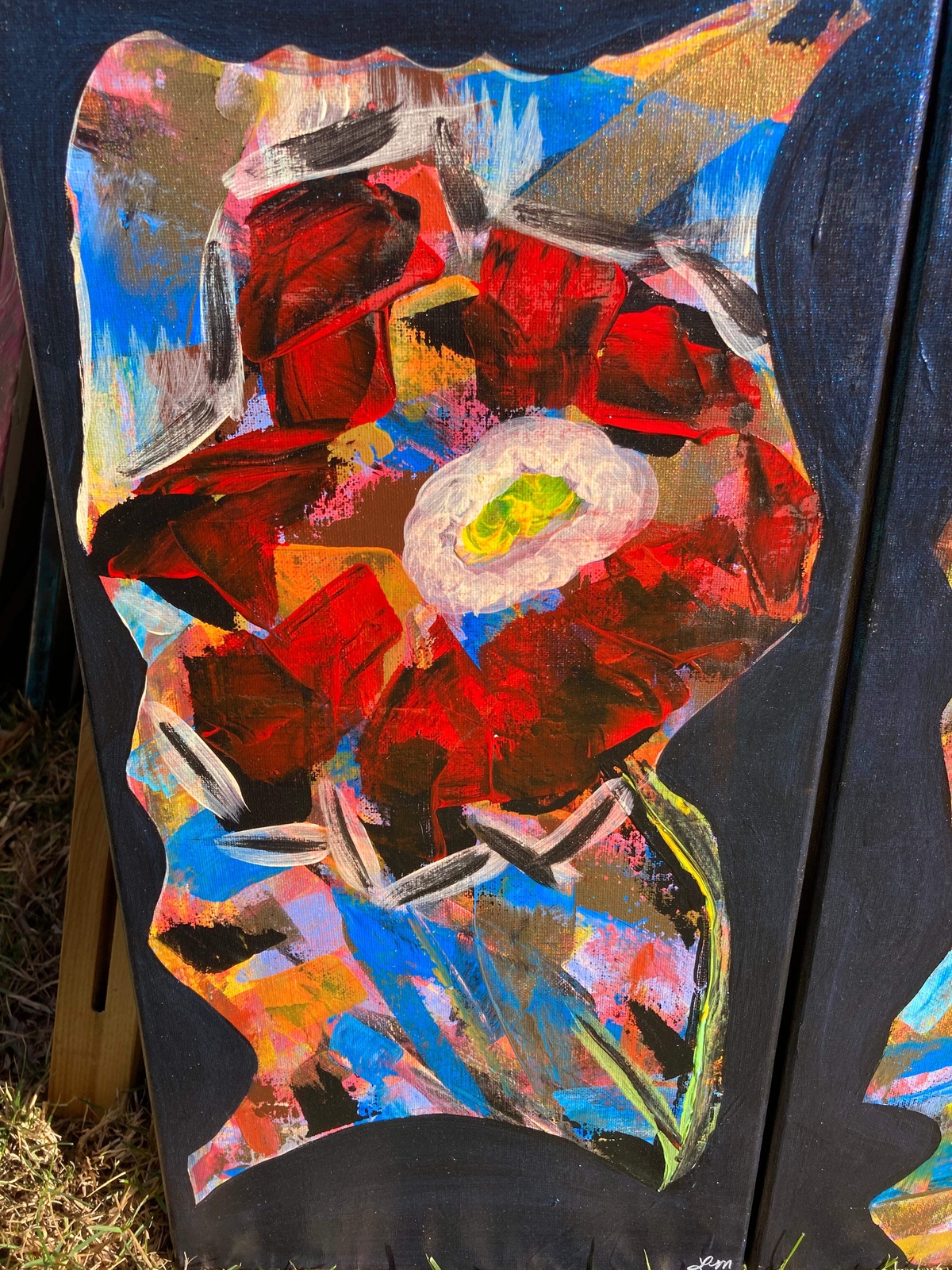 Roses on Black with Eucalyptus, Set of 2 Original Acrylic Scrape on Canvas 10×20