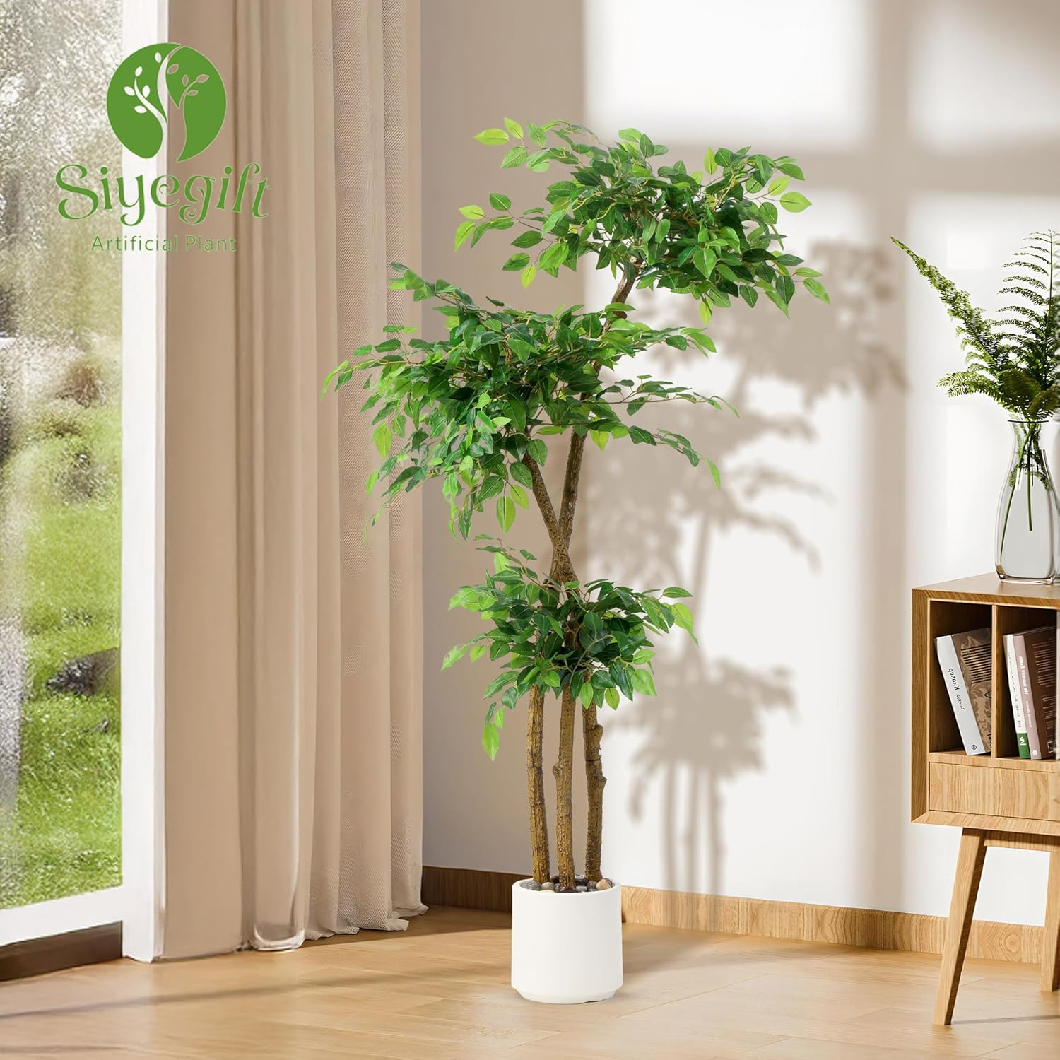5FT Artificial Ficus Tree with White Planter and Pebbles,Faux Silk Tree with Lif