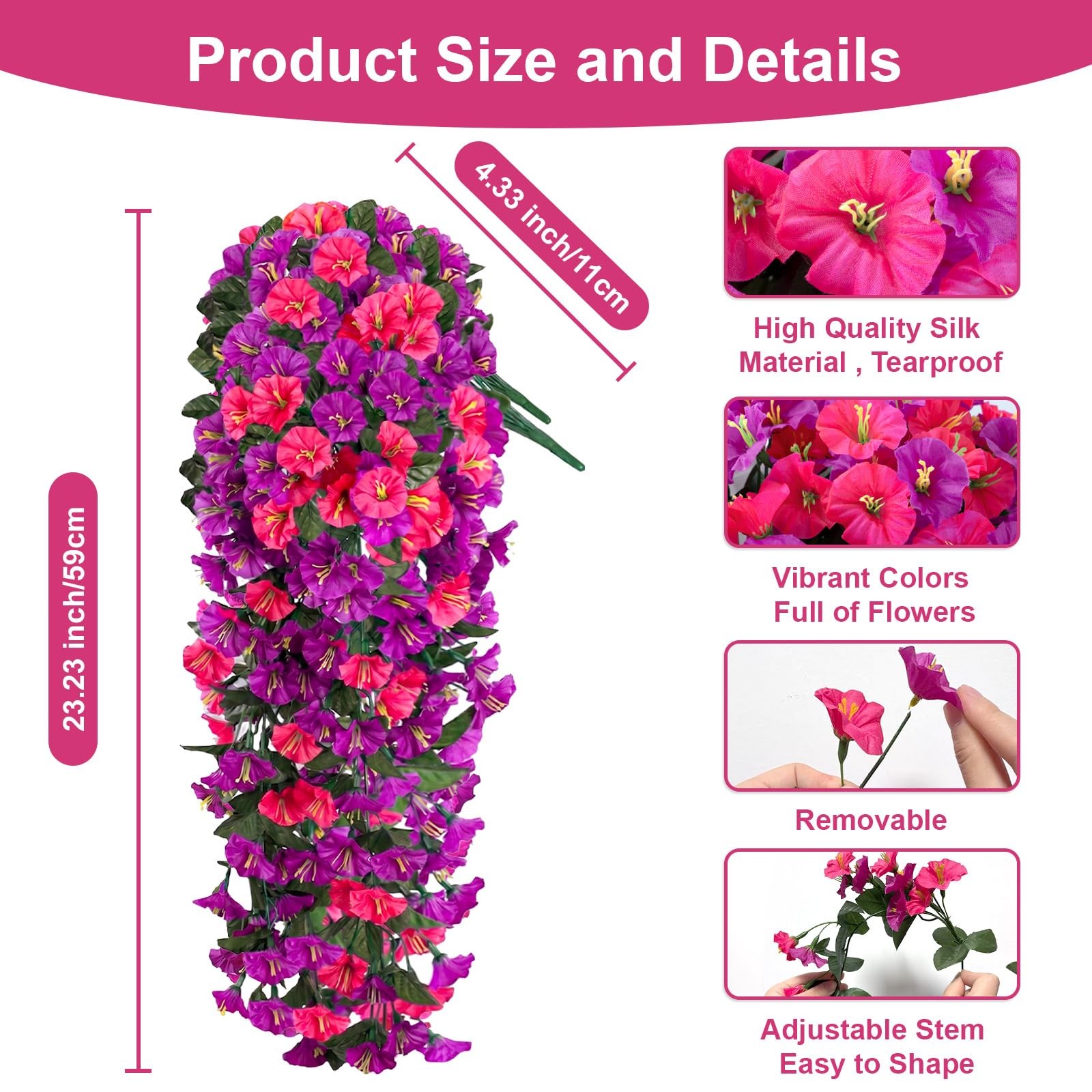 2Pcs 300 Blooms Artificial Hanging Flowers Plants for Outdoor, UV Resistant S…
