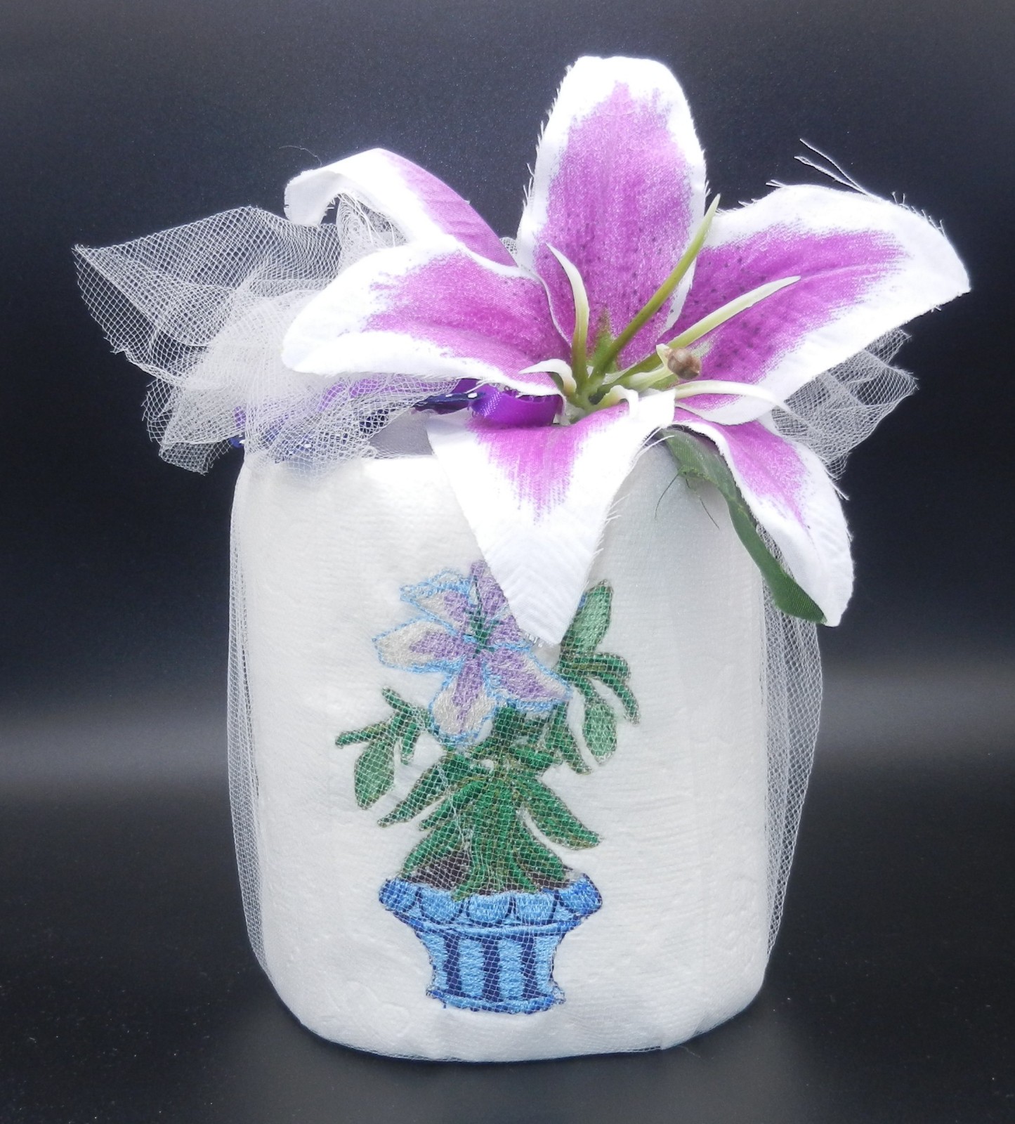 Potted Lily Plant Embroidered Toiletpaper Roll wrapped in Tulle w/Lily on top!