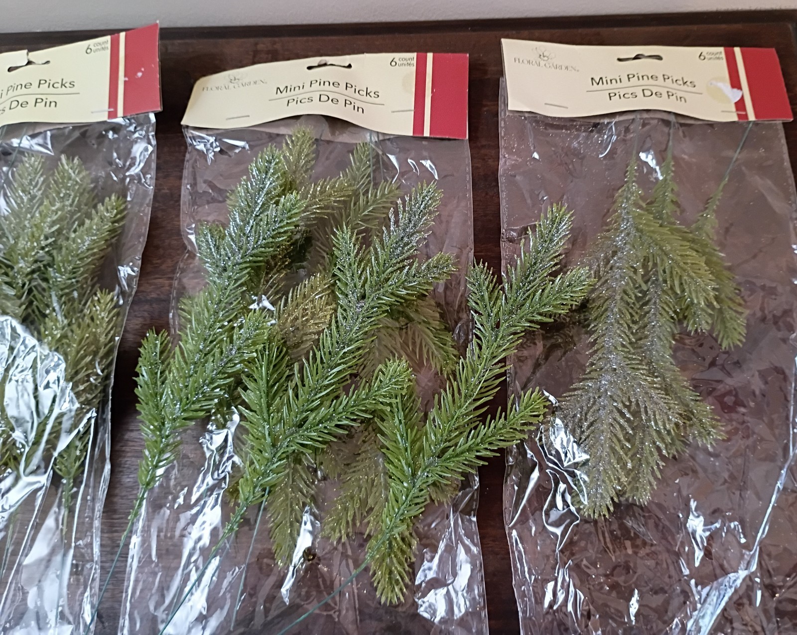 18 Pcs Mini Pine Picks 9.5″, Green Flocked & Glittery, Lot of 3 Packs Christmas