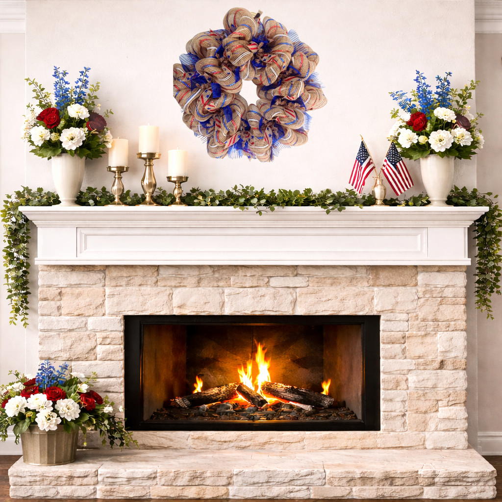 Burlap Striped Patriotic Ribbon Wreath Handmade Deco Mesh