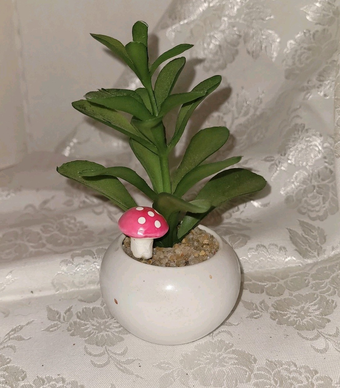 Artifical Succulant With Mushroom I White Ceramic Pot