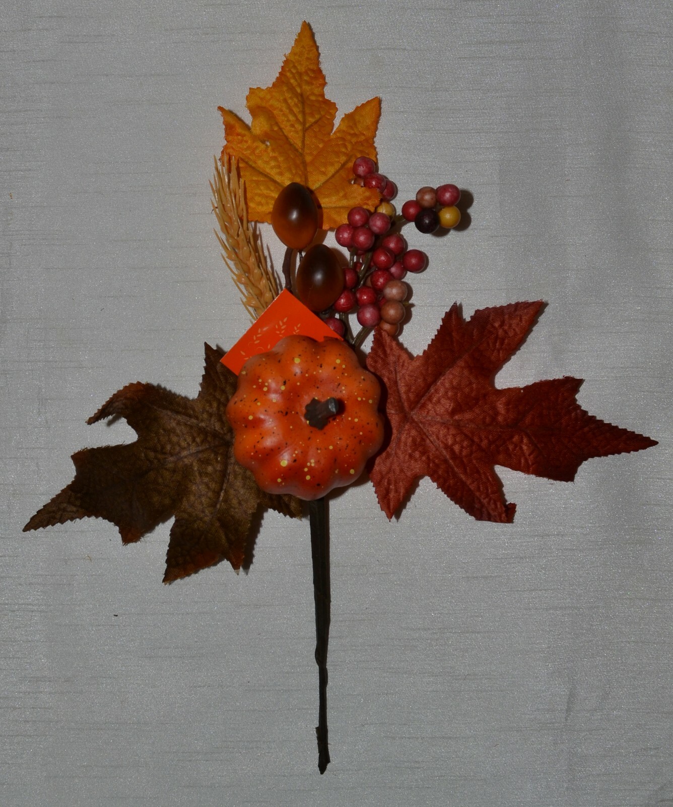 Set of 2 Silk Fall Leaf Orange Pumpkin Berry Wheat Pick~Artificial~Thanksgiving