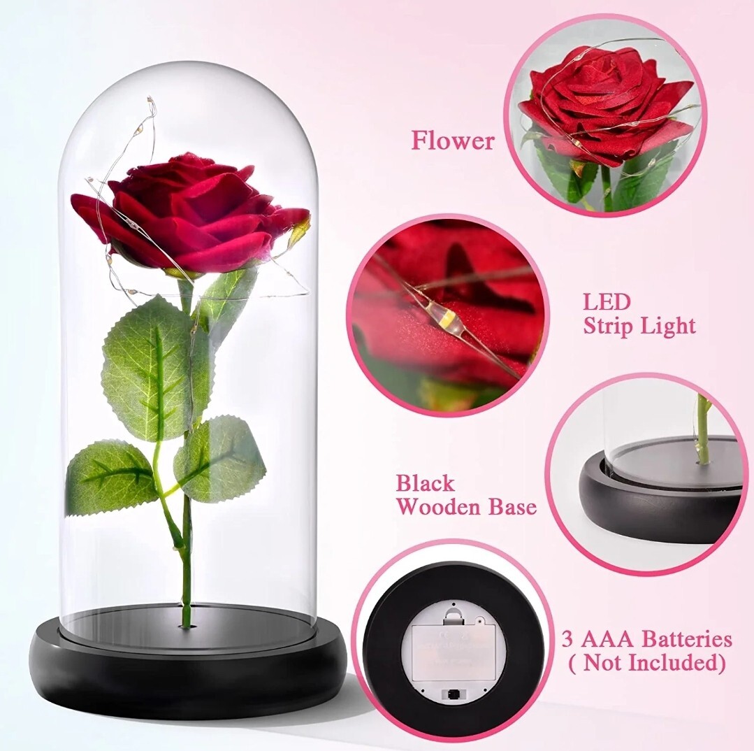 Red Artificial Galaxy Flower Rose Gift LED String Light Lamp in Glass Dome