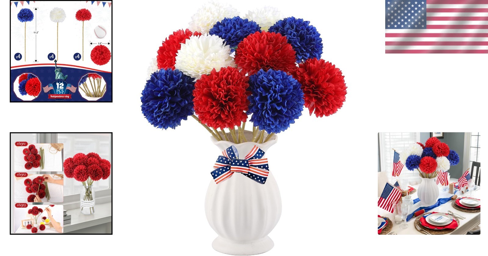 12 Pcs Red White Blue Artificial Chrysanthemums – Perfect 4th of July Decor