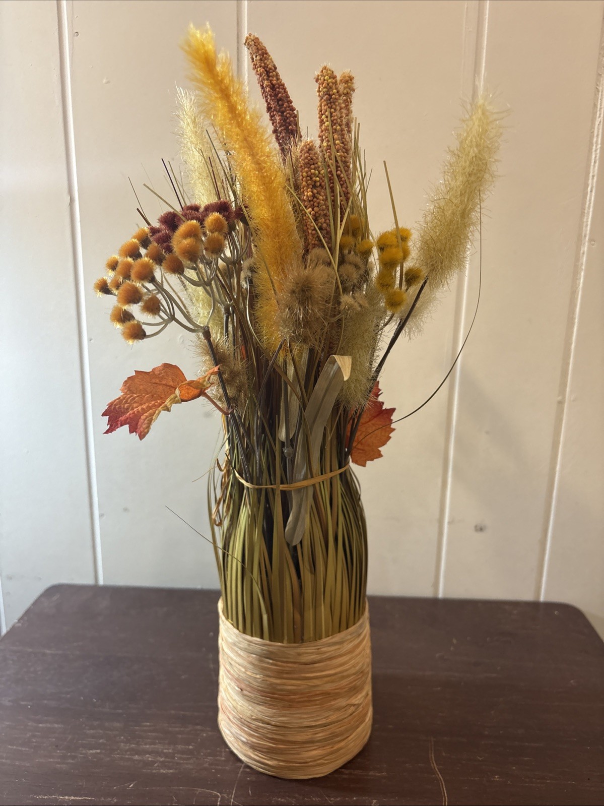 Dry Grass Floral Bouquet Fall Home Decor 16″ Brown Green Orange Thanksgiving