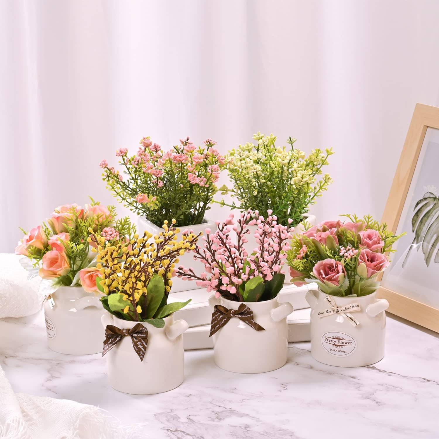 6Pcs Artificial Flowers with Ceramic Pot Small Faux Spring Flowers in Vase