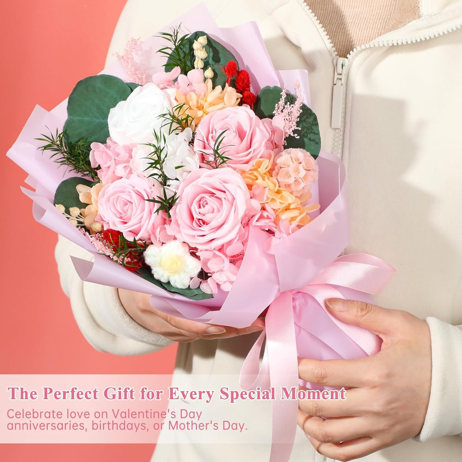 Flowers for Delivery Prime,Pink Roses Preserved Flower Bouquet,Birthday Gifts fo