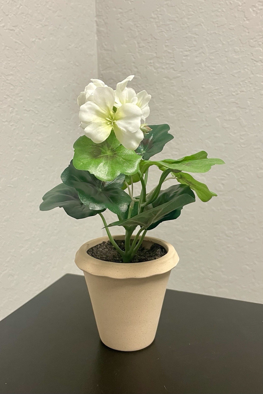 Fake plants, set of three geranium arrangement, green and white floral decor