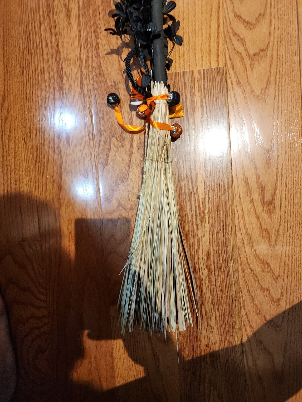 Halloween Decor Witches Broom Black Flowers Ghost Bats 42″ Long Rustic