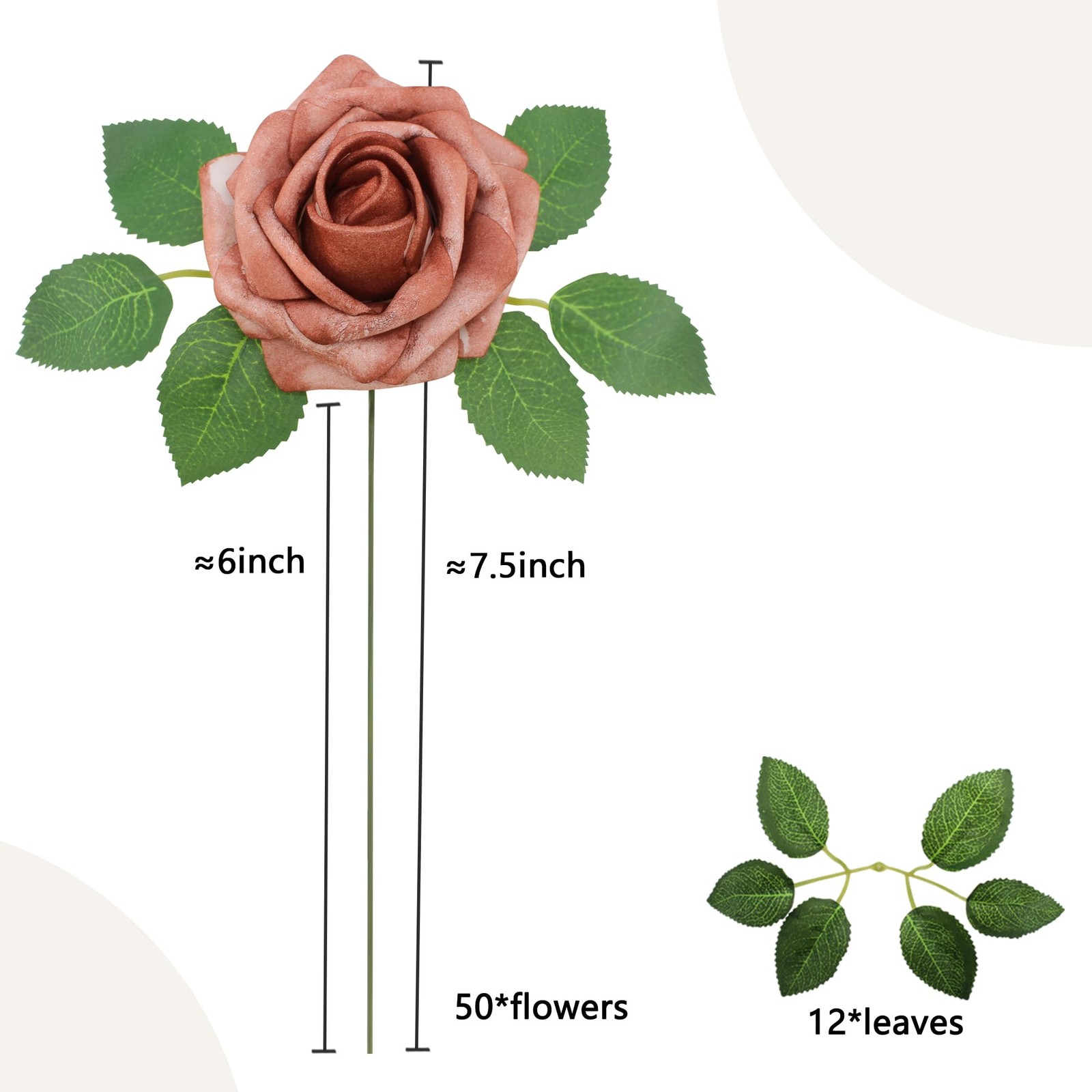 50PCS Warm Taupe Artificial Roses, Real Looking Foam Flowers, Leaves, DIY
