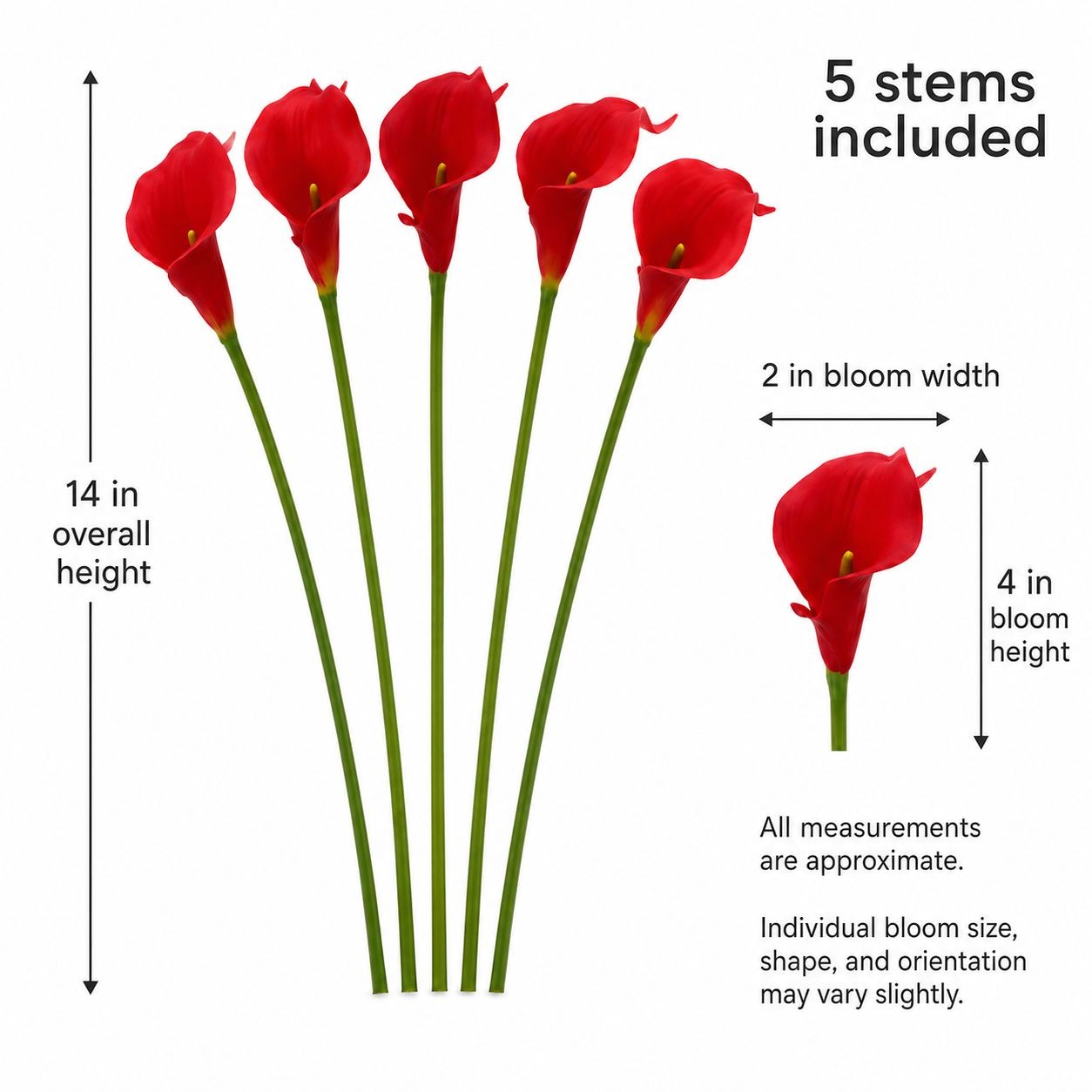 Poppy Red Real Touch Calla Lily Stems Set of 5, 14 Inch Faux Flowers for Modern