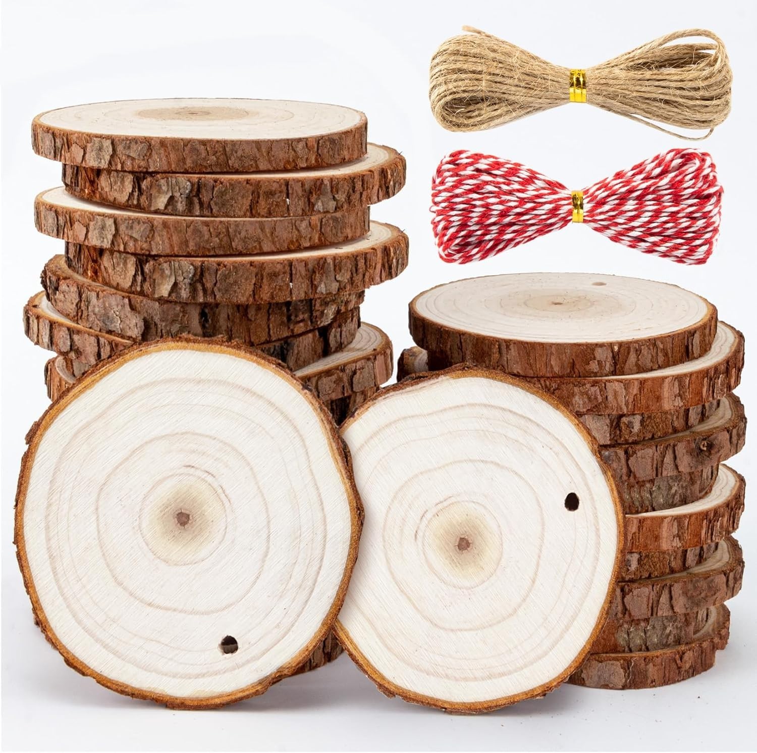 20PCS Unfinished Natural Wood Slices 2.7-3.1 Inches with Holes for DIY Crafts
