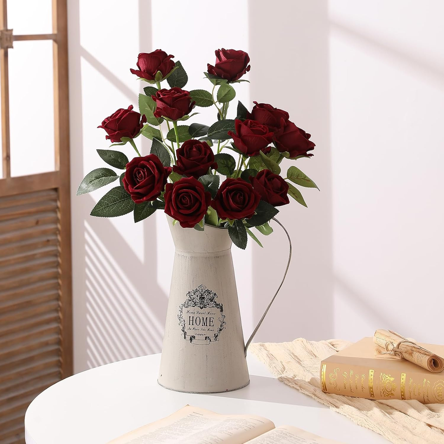 12PCS Artificial Flowers Fake Roses, Realistic Velvet Long Stem Red Roses Bouque