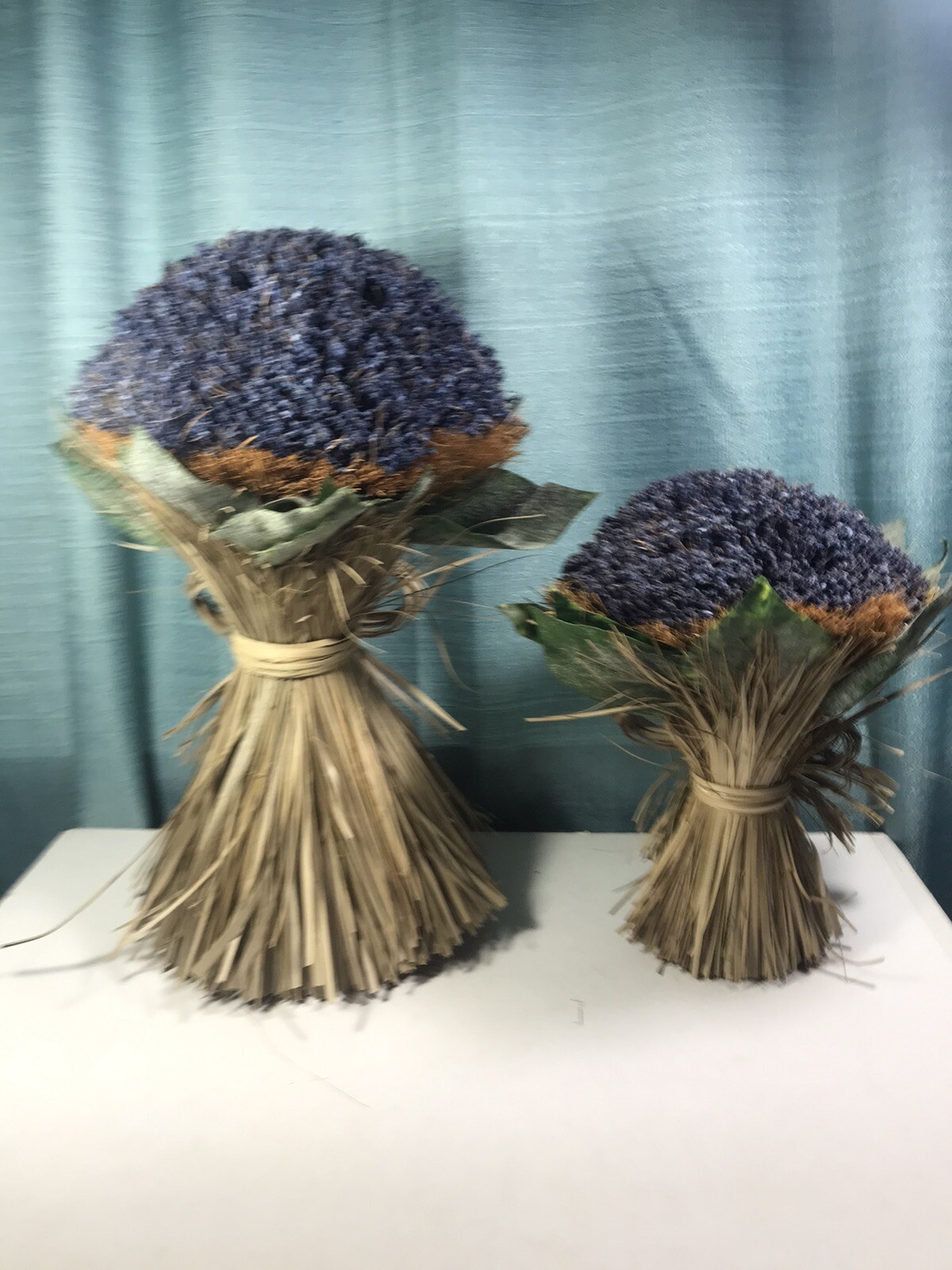 Artificial Lavender Bouquet Pair Free Standing Rounded Bunch w Grass Bow