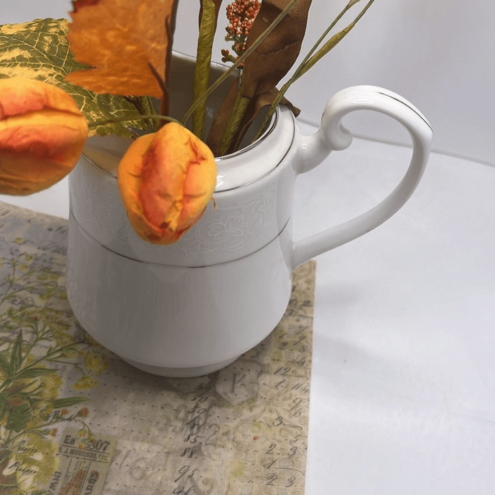 Farmhouse White Creamer Silver Horizontal Stripe Floral Accents Faux Flowers