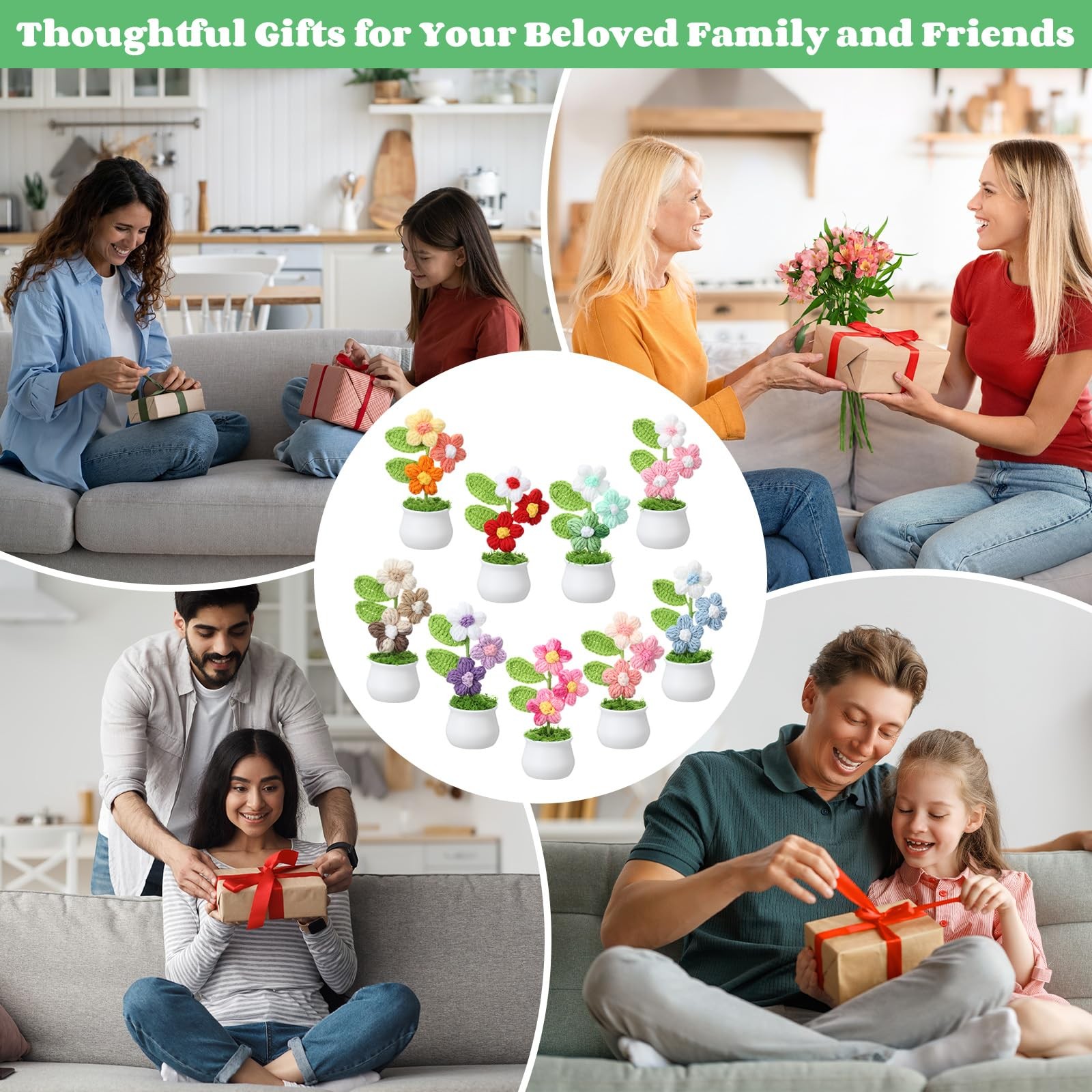 9 Pack Crochet Flower Pot Bulk, Crochet Puff Flowers, Small Potted Plant Bouq…