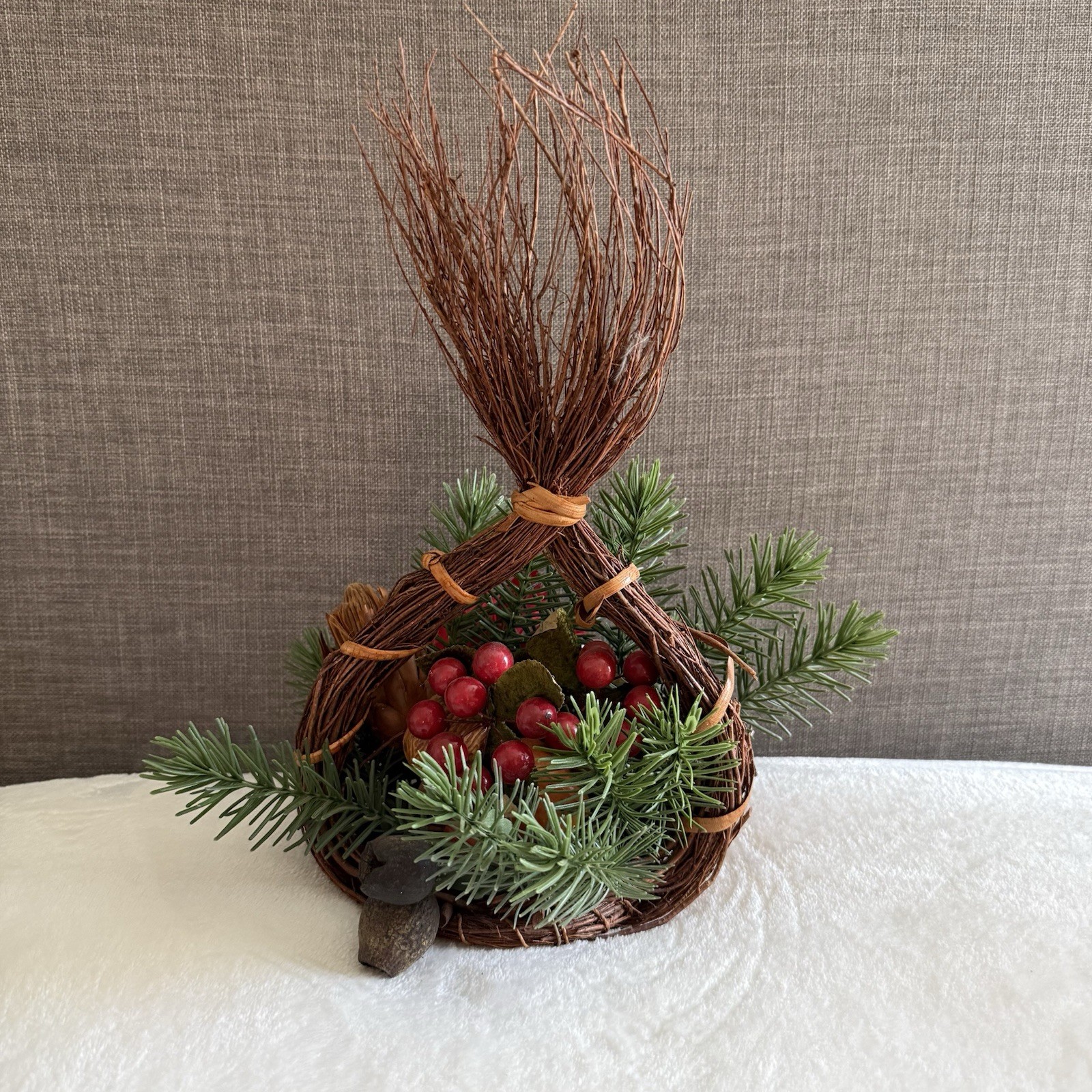 Artificial Christmas Centerpiece Table Top Decoration Poinsettia Nuts VTG Rustic