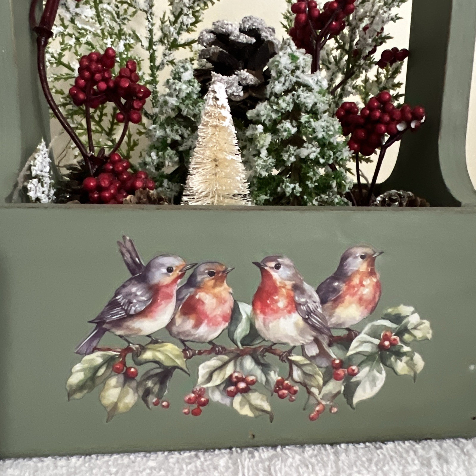 Rustic Centerpiece In Wood Box Cardinal Pinecones Winter Decor