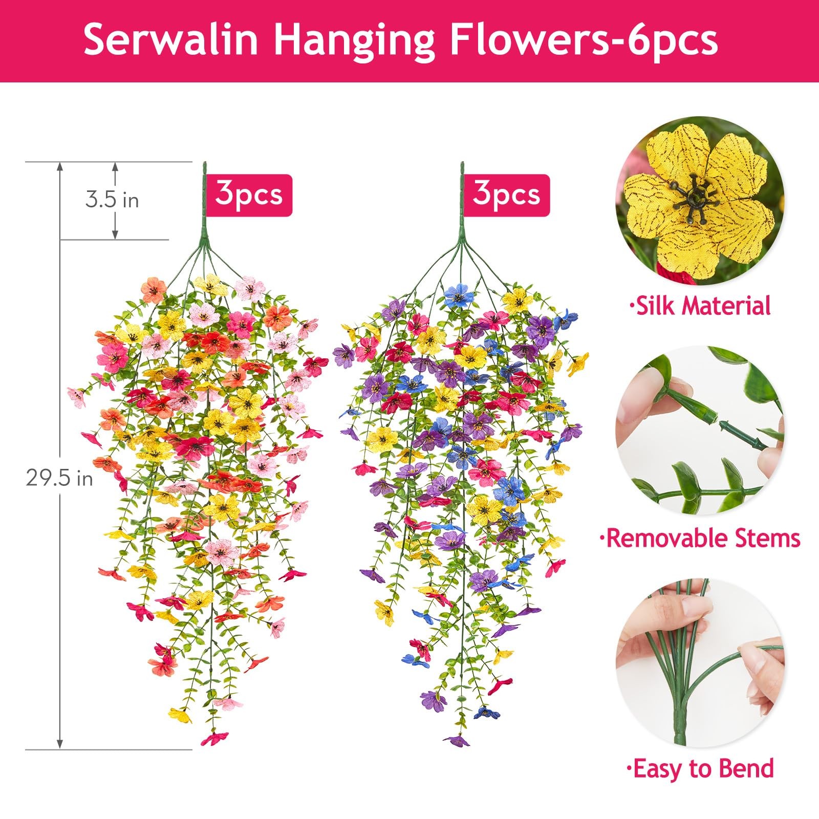 Serwalin 6PCS Artificial Hanging Flowers for Outdoors, UV Resistant Fake Hang…