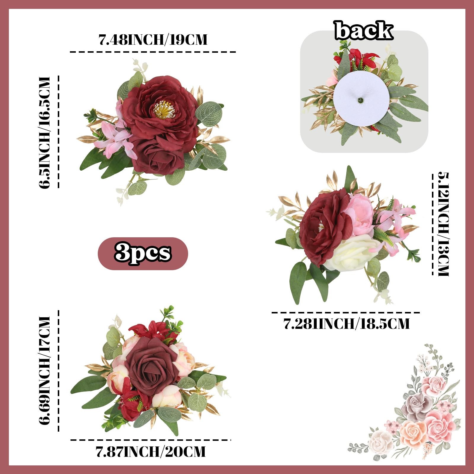 3PCS Wedding Cake Toppers Burgundy Flowers Artificial Cake Flowers for Weddin…