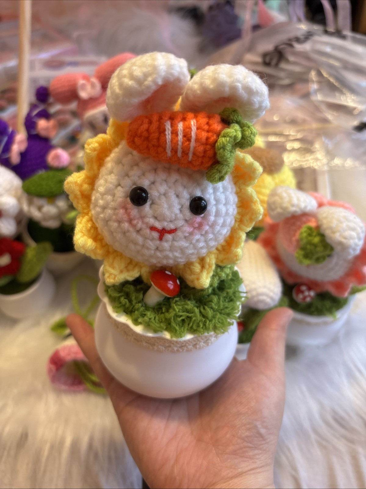 Handmade Crochet Bunny Sunflower Potted Plant Kawaii Fairycore Desk Decor Gift