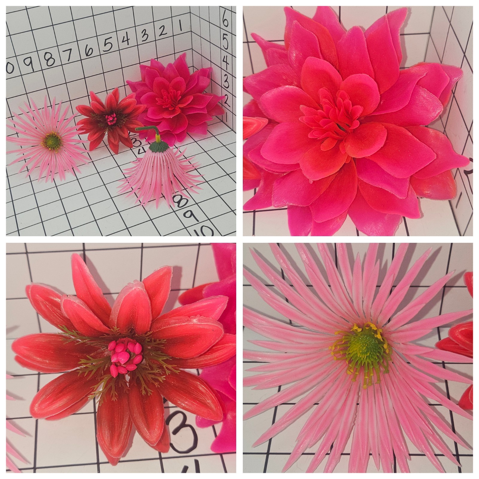 23 Vtg 1970s Lg Plastic Faux Flowers Short Stem & Fiber Optic Threads Multicolor
