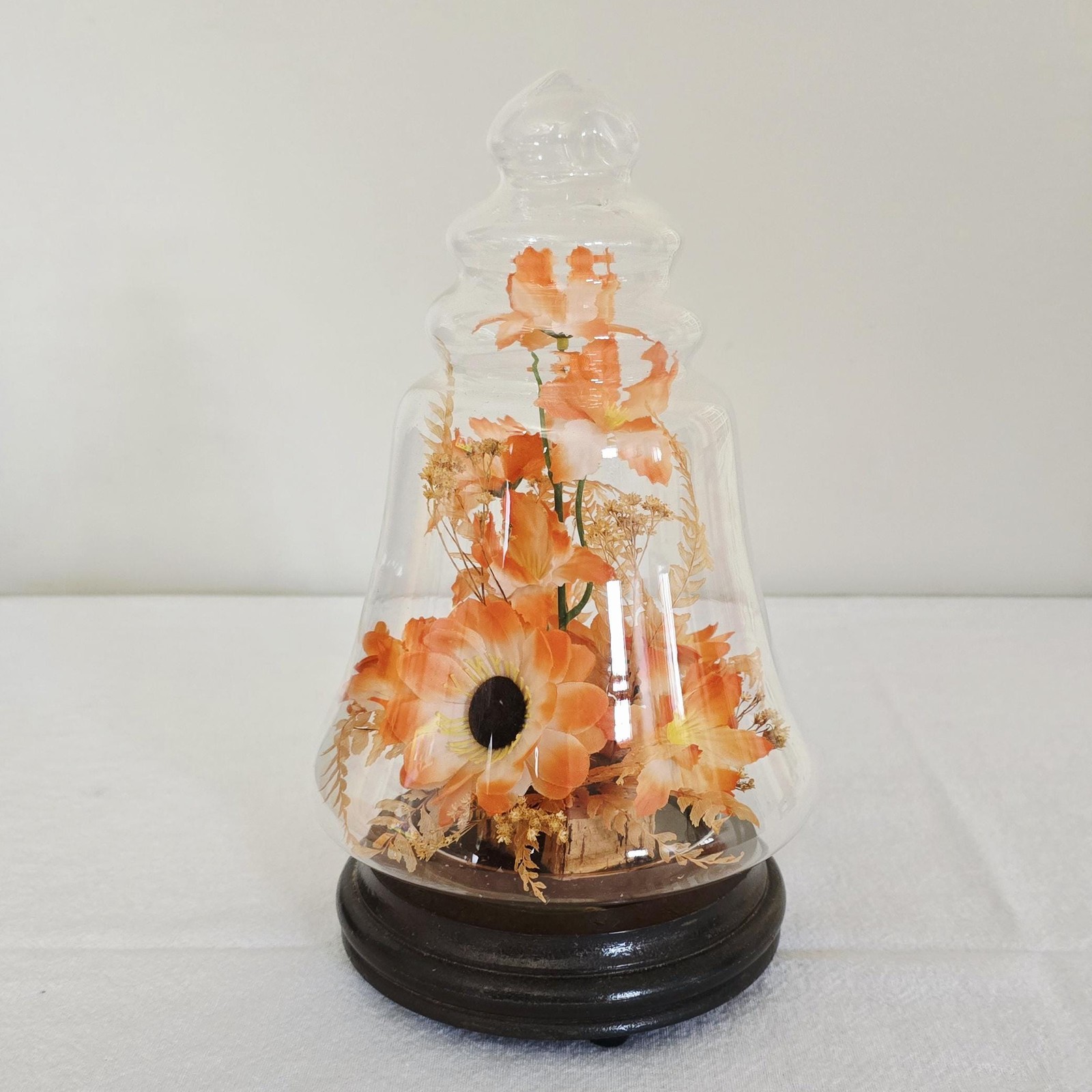 Vintage Kmart Orange Faux Floral Arrangement Glass Cloche, Bell Jar Dome on