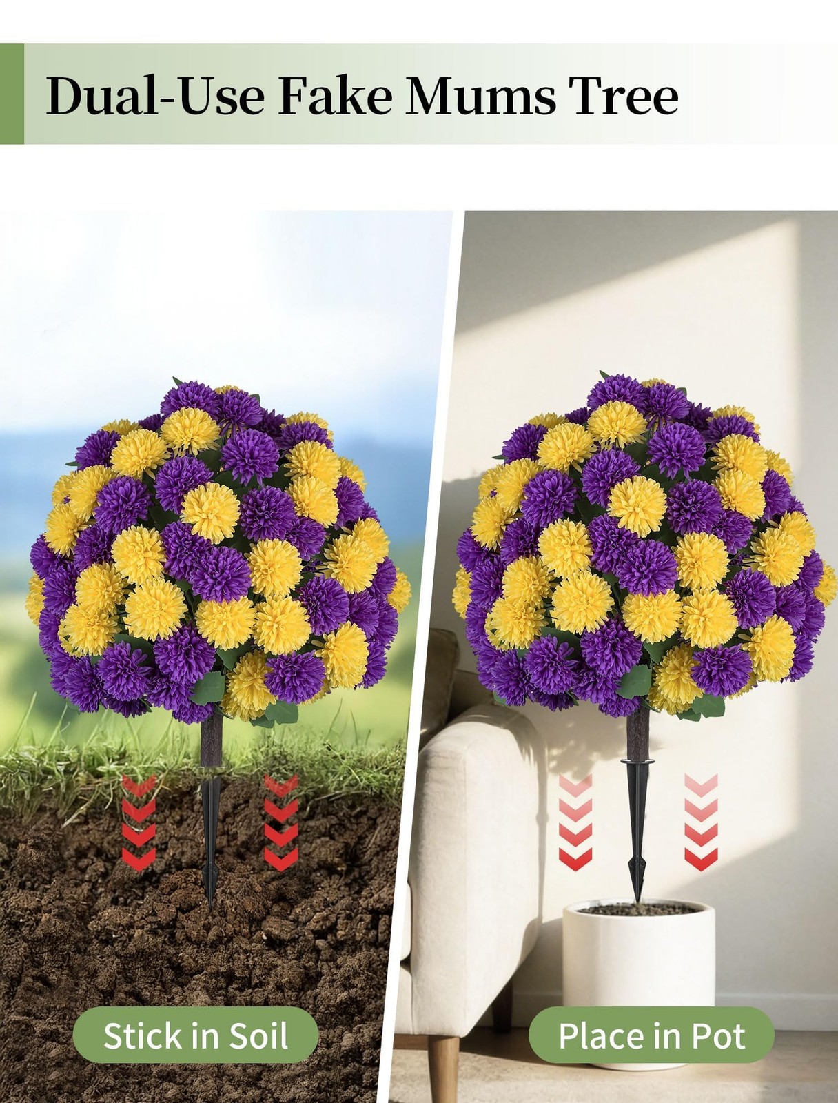 Faux Mums Flower with Stakes for Outdoor Planters, Set of 2, Large
