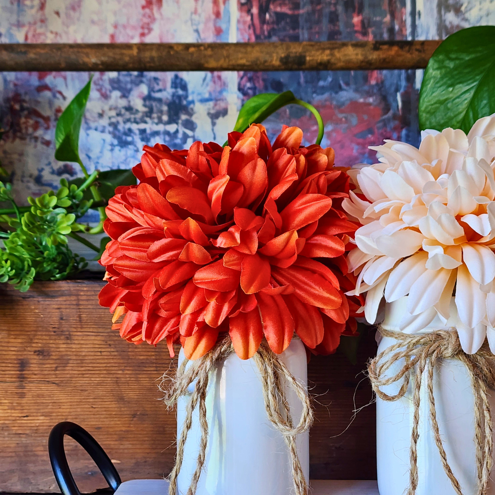 Fall Dahlia Floral Centerpiece – Vase Trio on Wood Tray – Farmhouse Table Decor
