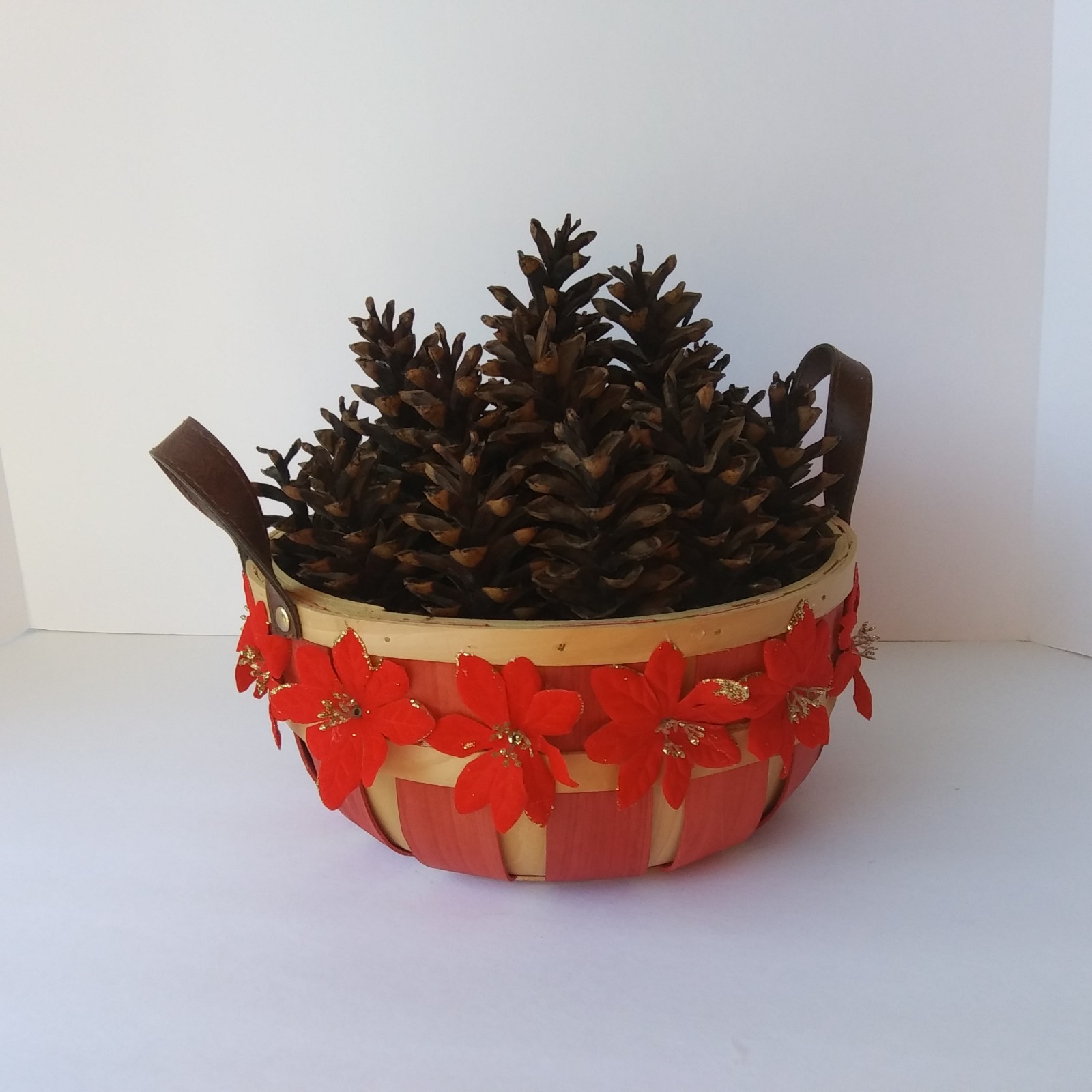Rustic Pinecone Basket Centerpiece with Red Flowers – Fall or Christmas Décor