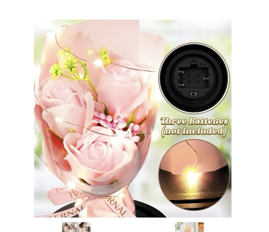 Artificial Pink Rose Bouquet Under Glass Dome w/ LED Lights 8.19in