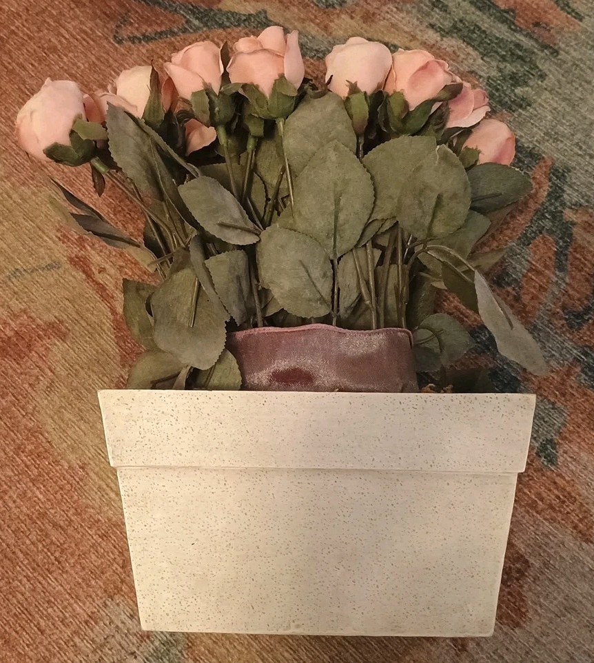 TOP DESIGNS Pink bud ROSES on stems in Resin Tan Rectangle planter FLORAL DECOR