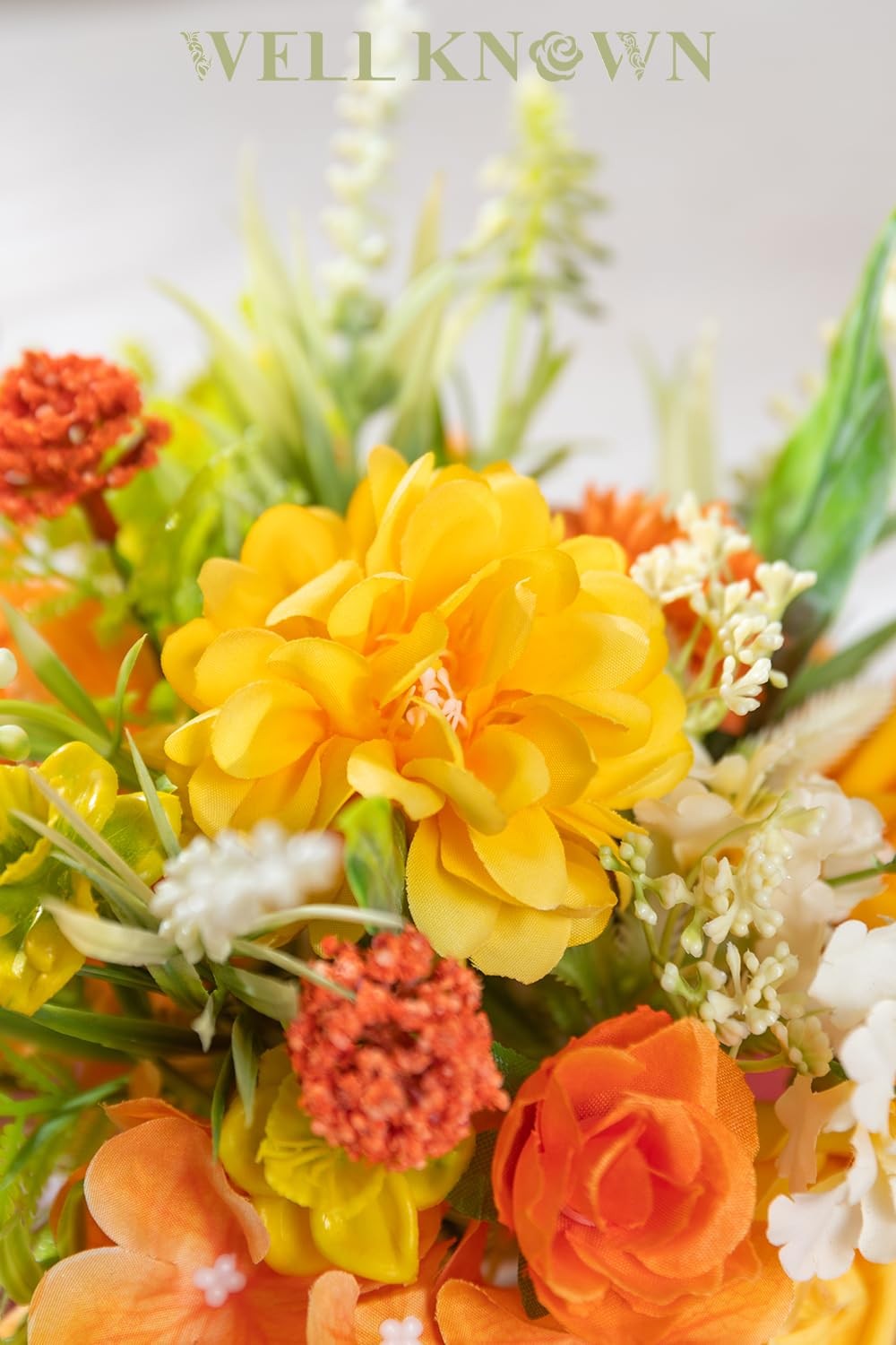 7 Inch Small Fake Flowers in Vase Yellow Orange Silk Centerpiece Arrangement