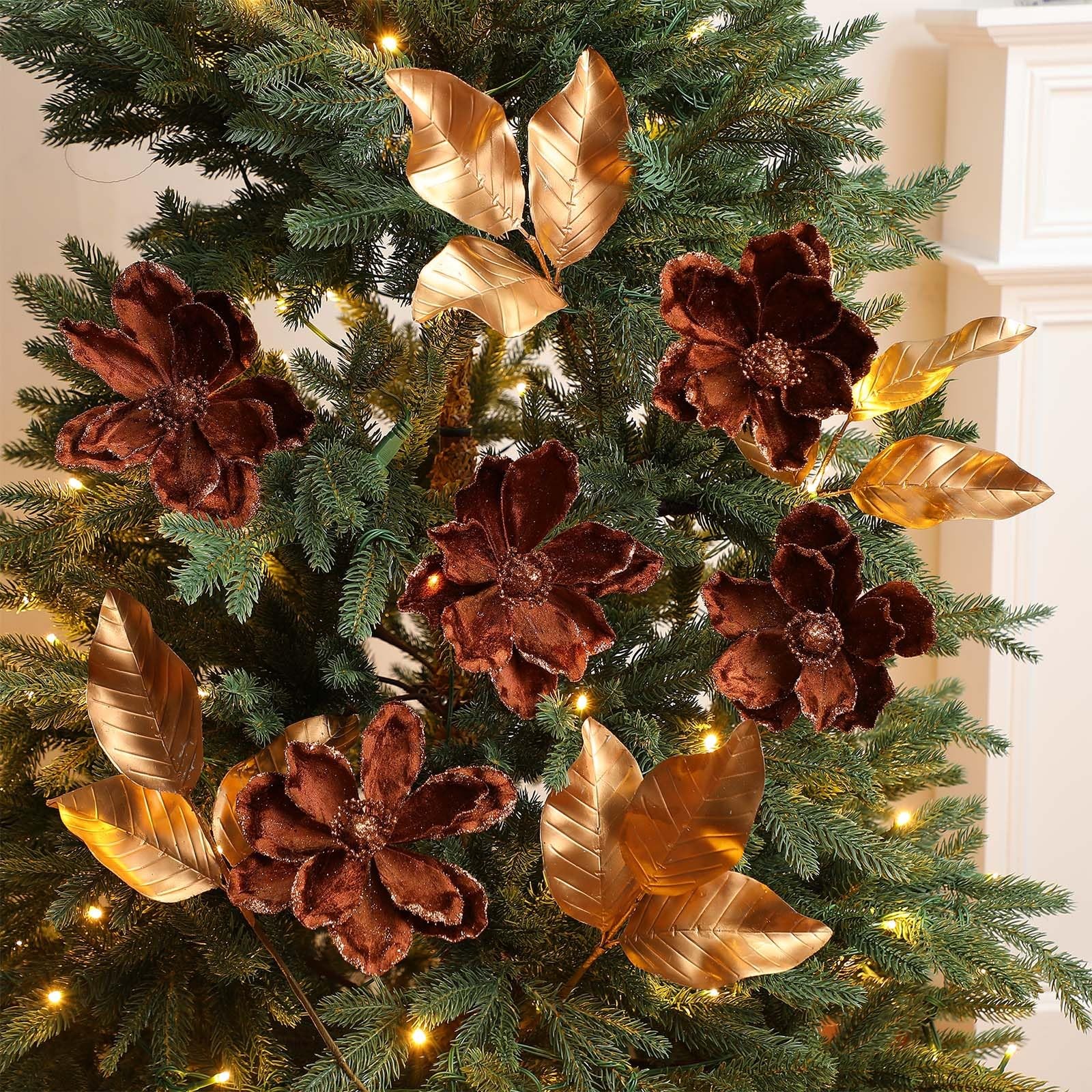 12 Pcs Christmas Magnolia Picks Set 6 Magnolia Flower 6 Golden Leaves Picks G…