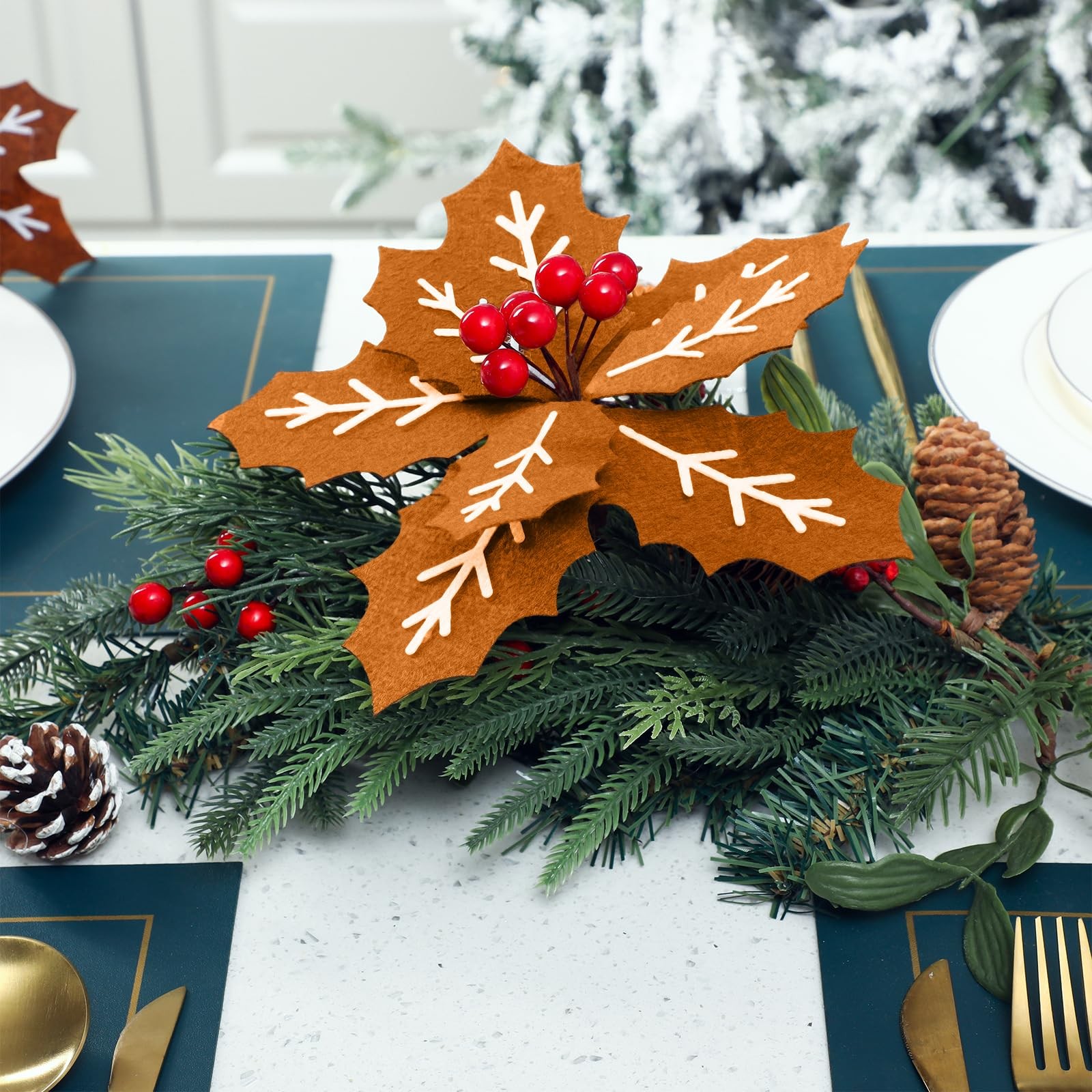 8 PCS 9 Inch Gingerbread Poinsettia Christmas Tree Picks Decorations Felt Art