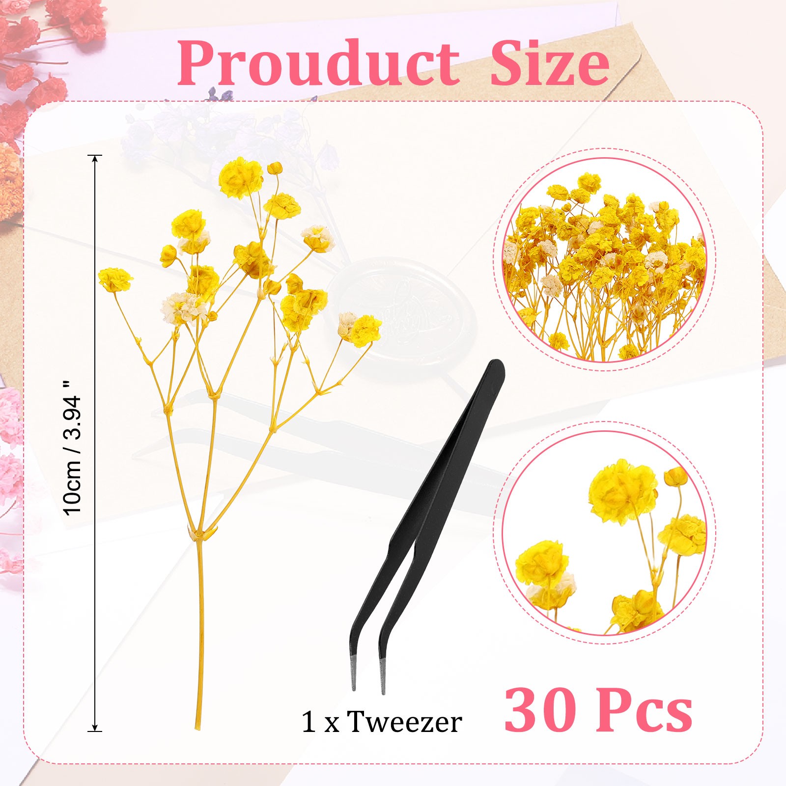 30 Pcs 4″ Dried Gypsophila Flower Yellow Pressed Flowers w Tweezer for DIY