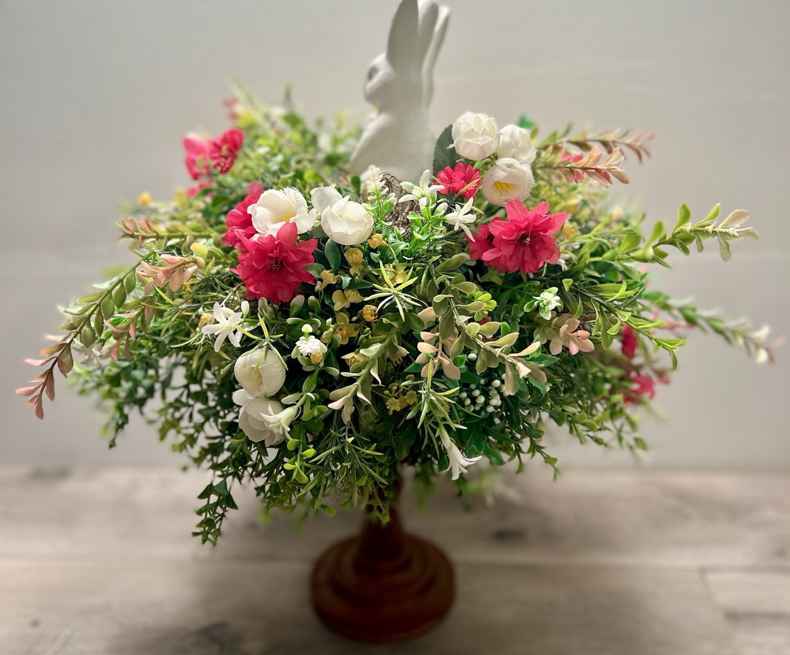 Spring Easter Candle Stick Floral Arrangement Greenery Flowers Rabbit