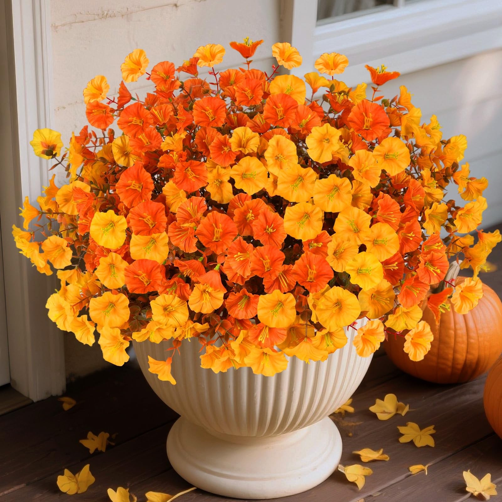 Artificial Fall Flowers for Outdoors, 10 Bundles Fake Faux Fall Orange Yellow