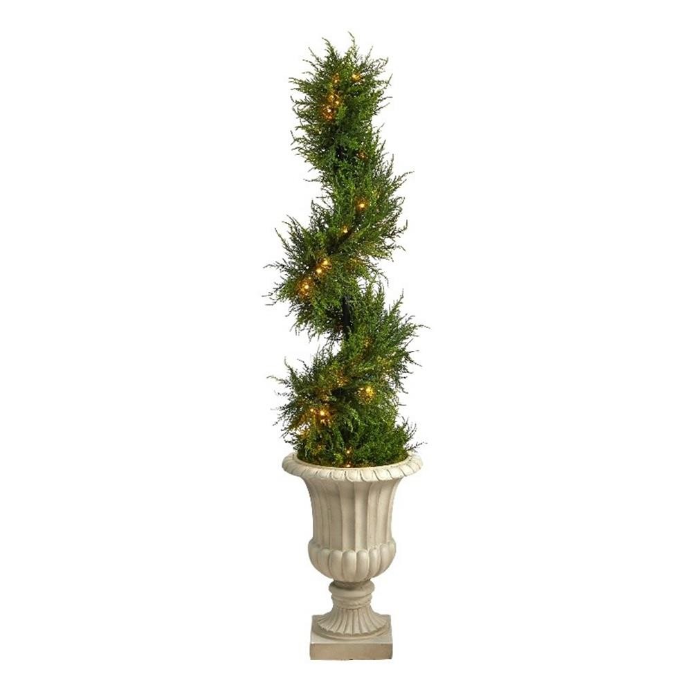 Nearly Natural 5ft Spiral Cypress Tree in Sand Finished Urn w/ 80 Clear LED