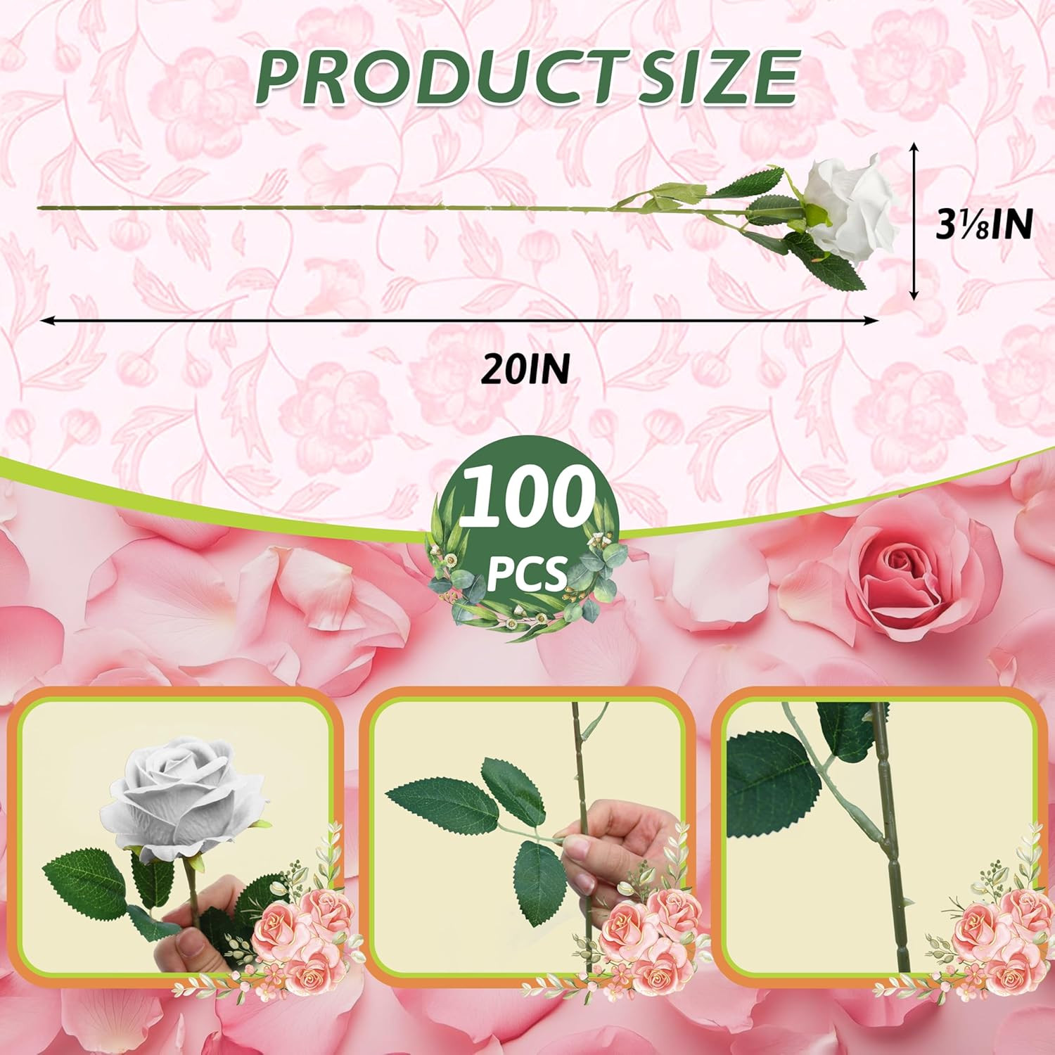 100PCS Realistic Silk White Roses for Wedding Decor & Floral Arrangements