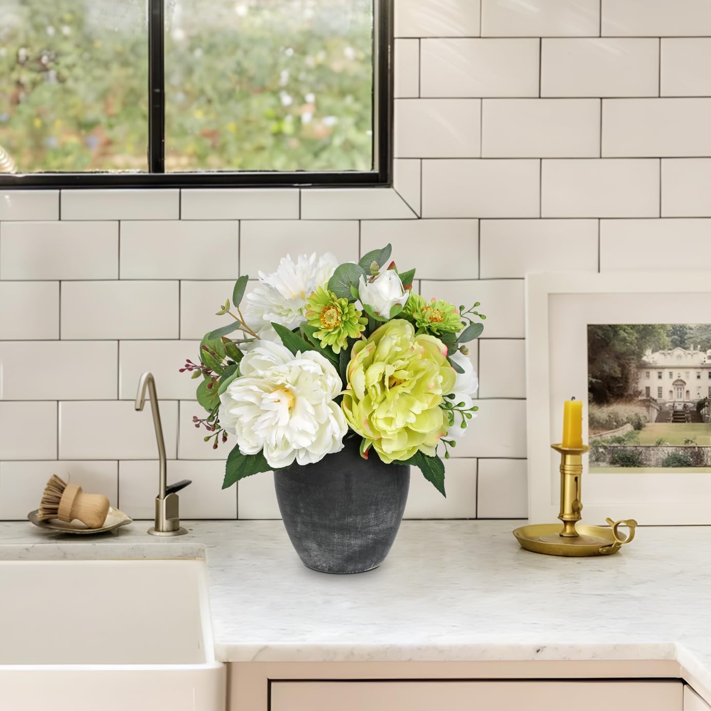 Fake Flowers Vase Faux Floral Arrangements Centerpiece Spring White Silk