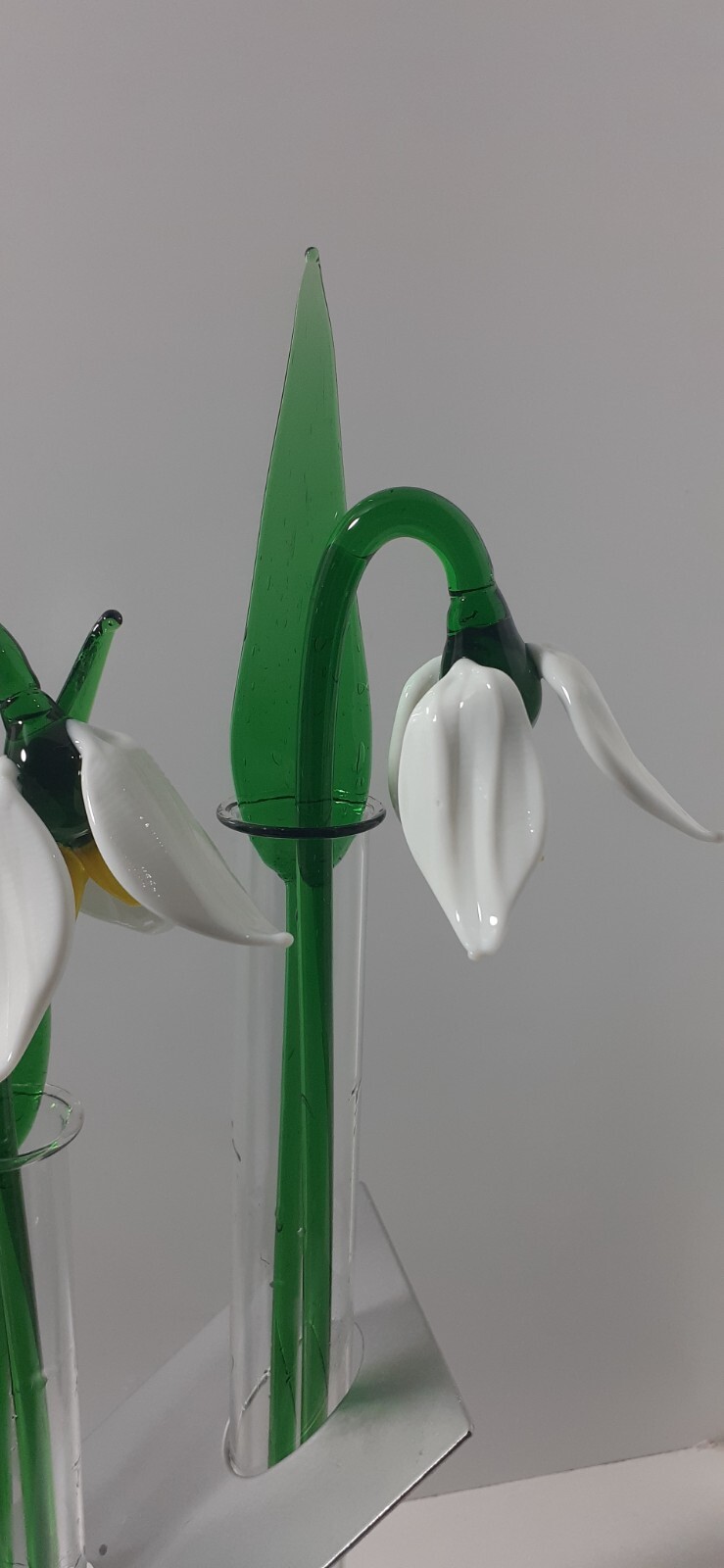 Art Glass Snowdrops Flowers Sculptures with Green Leaves & Tube Vase Home Decor