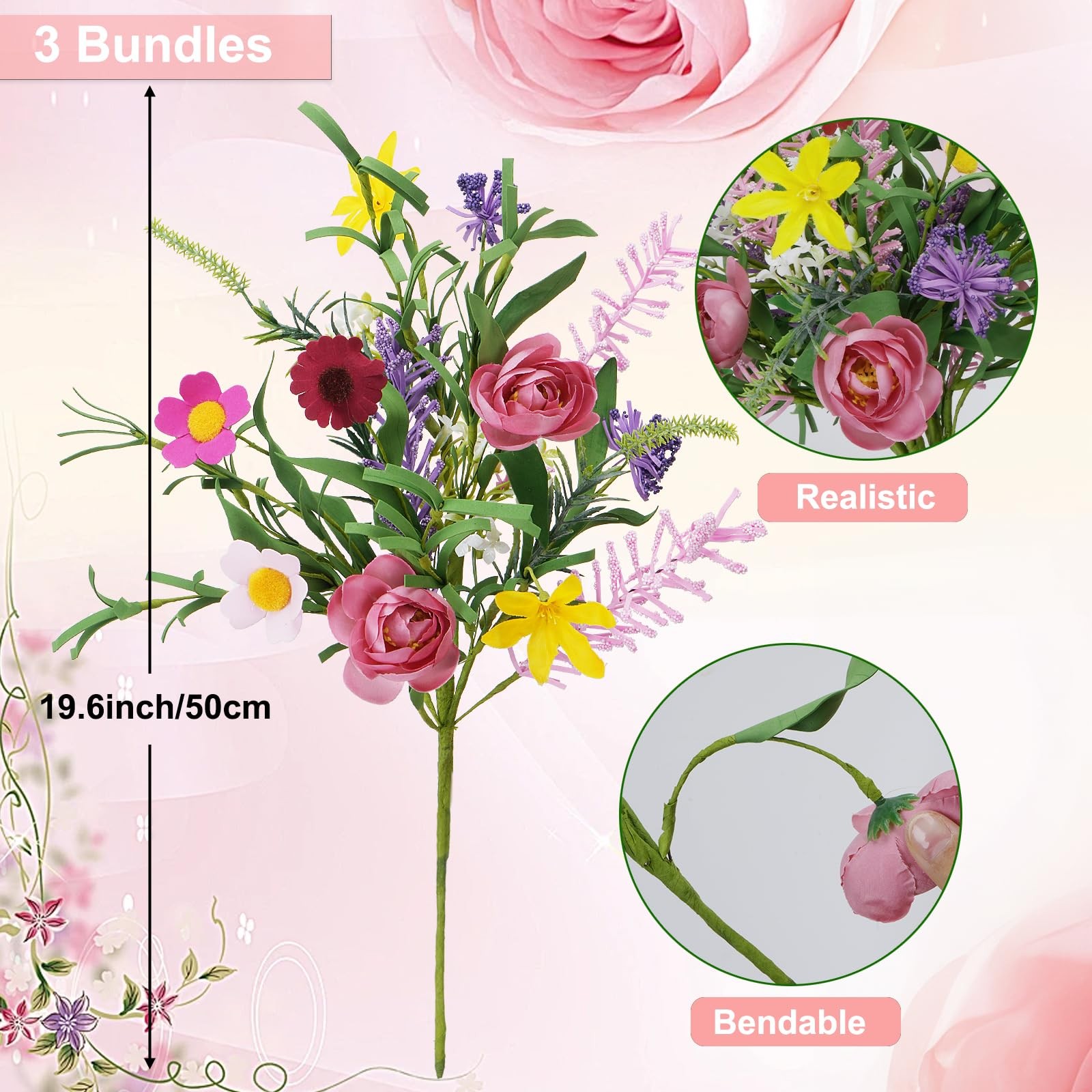 3 Bundles Artificial Flowers Decoration Faux Roses Bouquet Daisies Silk 19.6in