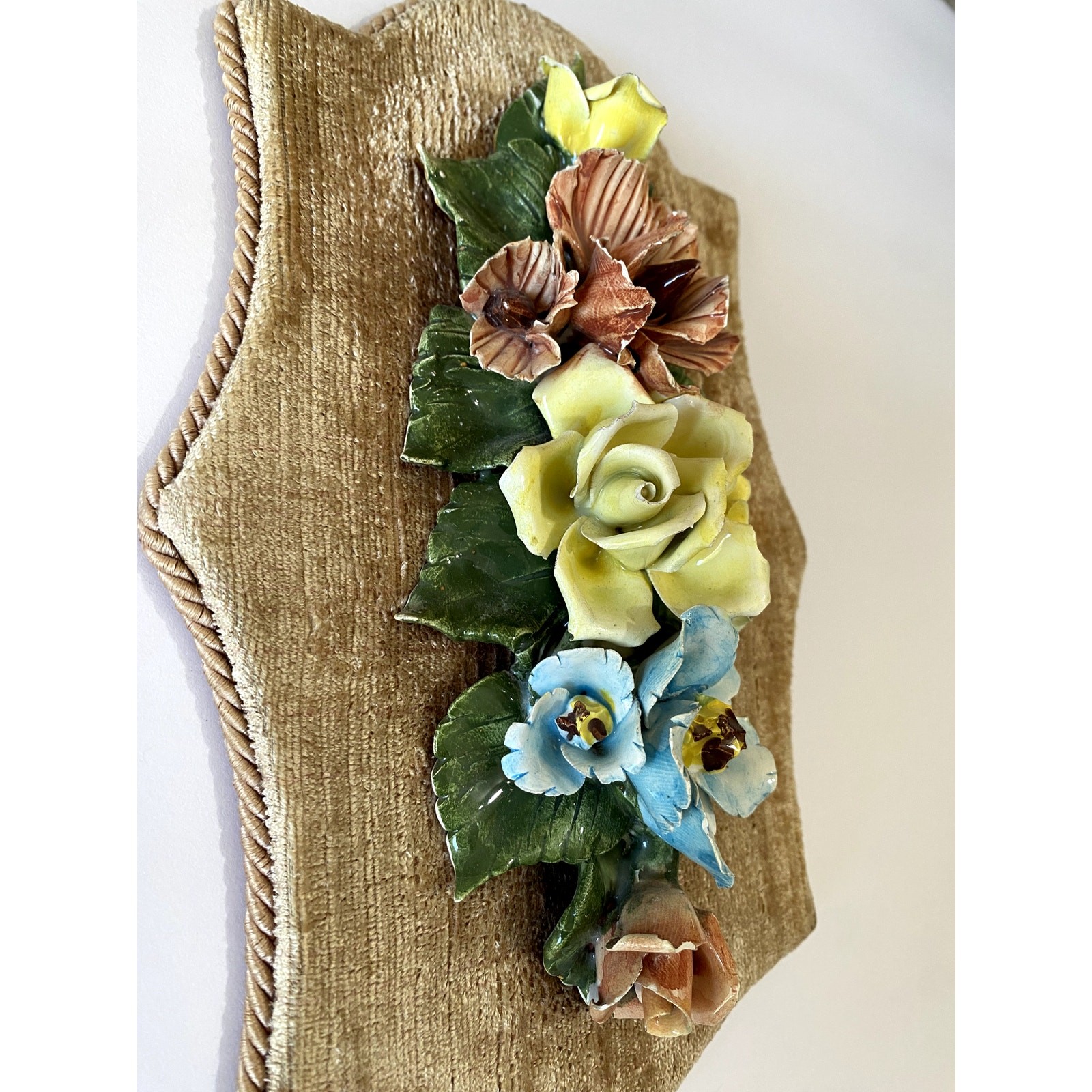 Capodimonte Floral Wall Plaque Porcelain Italy 1960s Velvet Back Tassel 12”