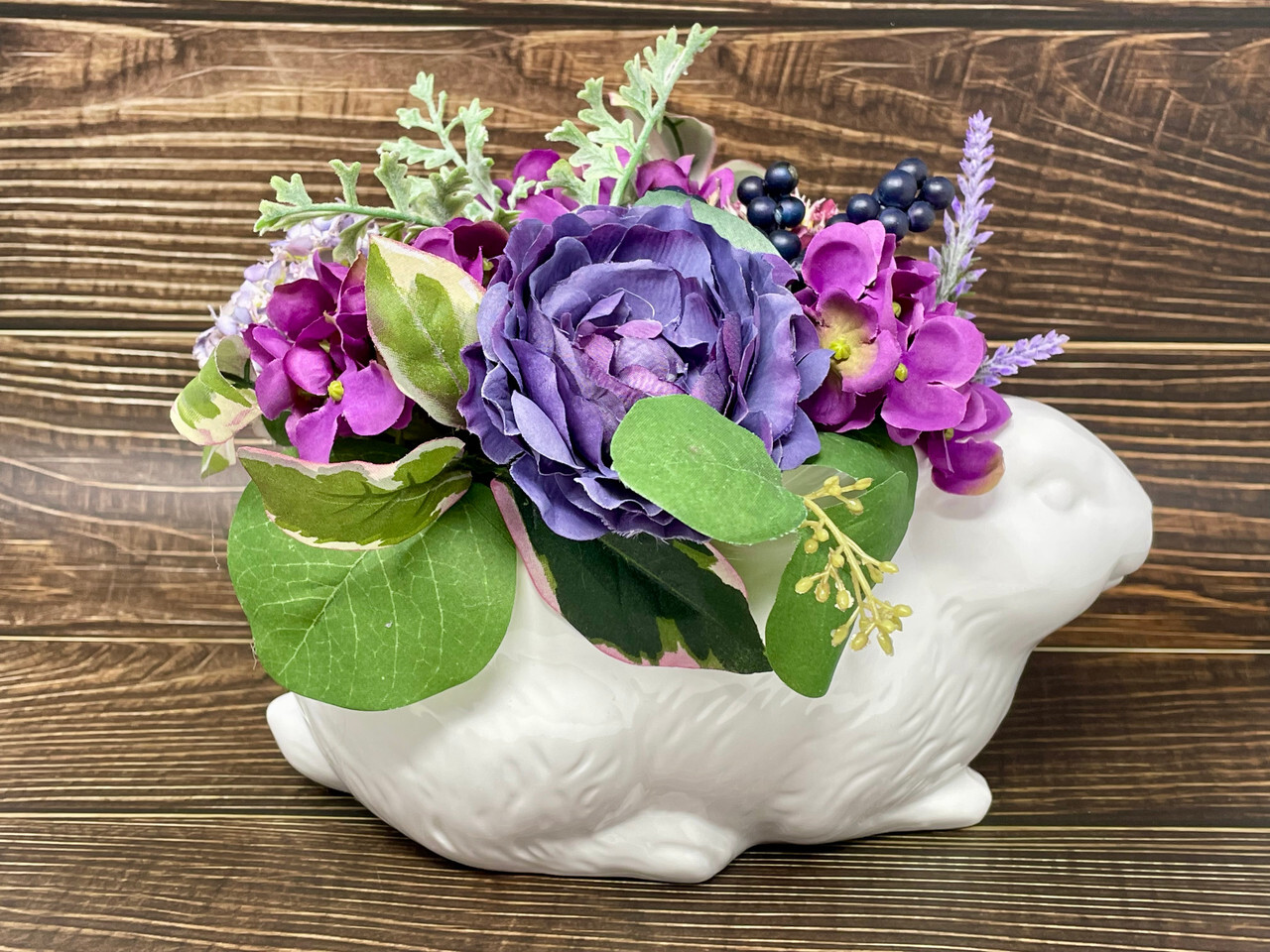 10″ Purple-Violet Blue silk Flower arrangement in White Ceramic Bunny Rabbit pla