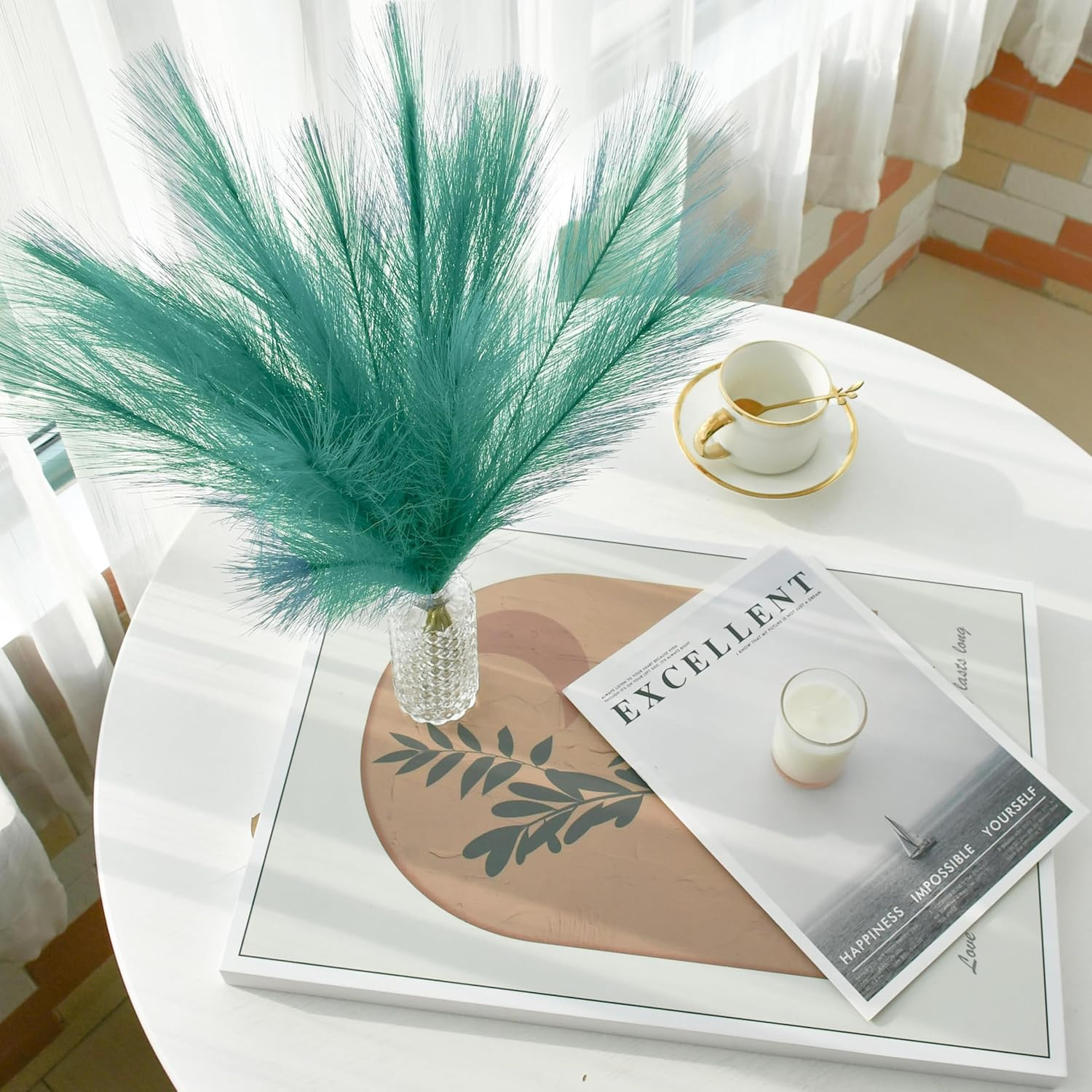 20 Stems Teal Silk Pampas Grass Bouquet | 17.7 Inch Fluffy Artificial Pampas wit