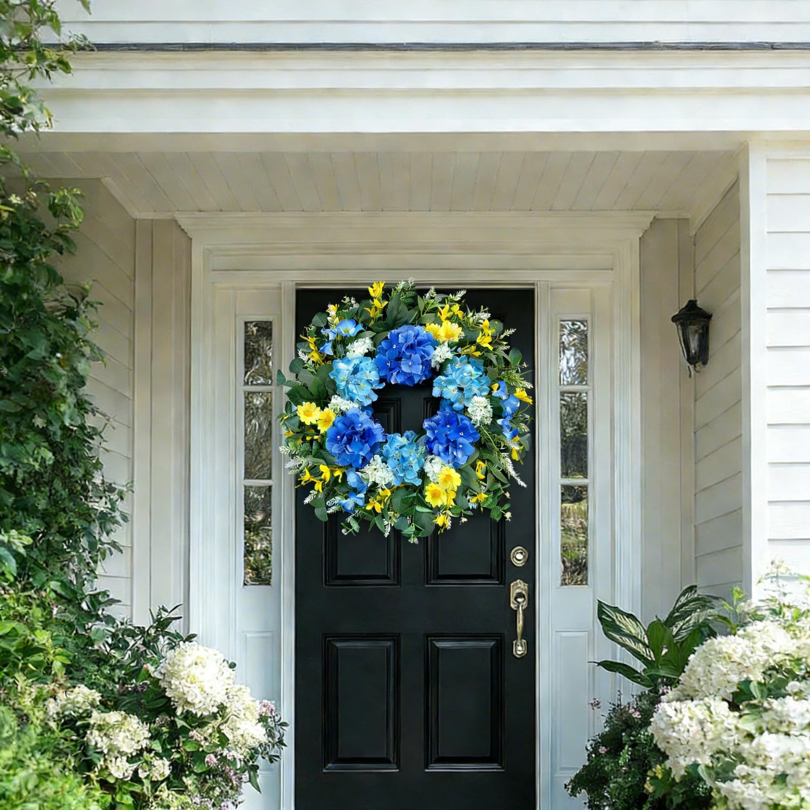 Large 26″ Artificial Spring Wreath – Silk Hydrangea, Yellow Daisy & Eucalyptus –